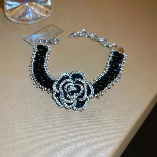 Copper Rhinestone Flower Bracelet Black One Size - Fashorio