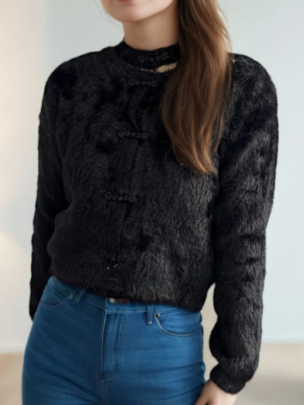 Fashorio Black / One Size Cutout Knot Button Long Sleeve Cardigan