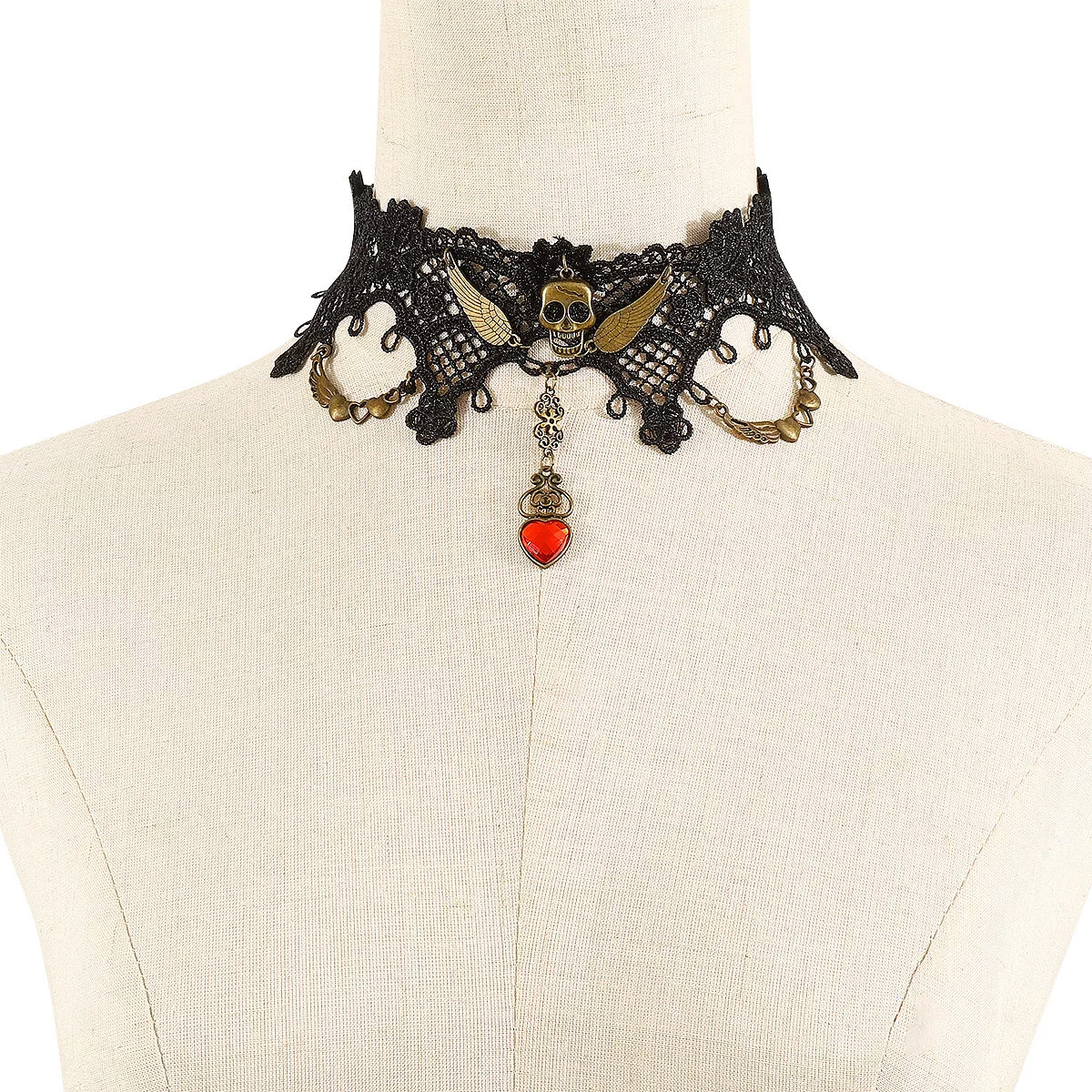 Fashorio Black / One Size Halloween Lace Skull Necklace and Earrings Jewelry Set