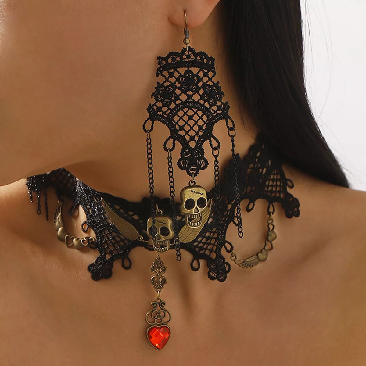 Fashorio Black / One Size Halloween Lace Skull Necklace and Earrings Jewelry Set