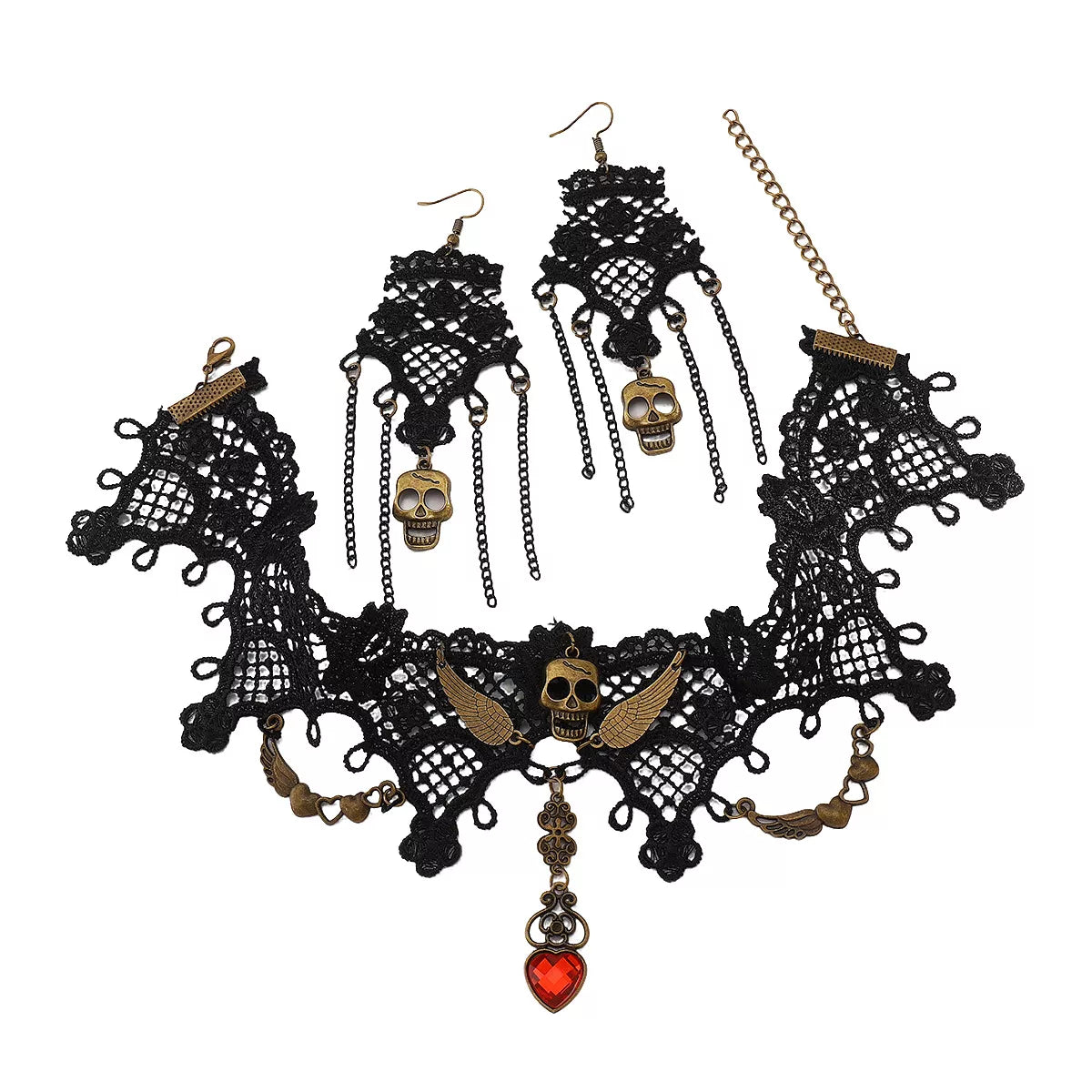 Fashorio Black / One Size Halloween Lace Skull Necklace and Earrings Jewelry Set