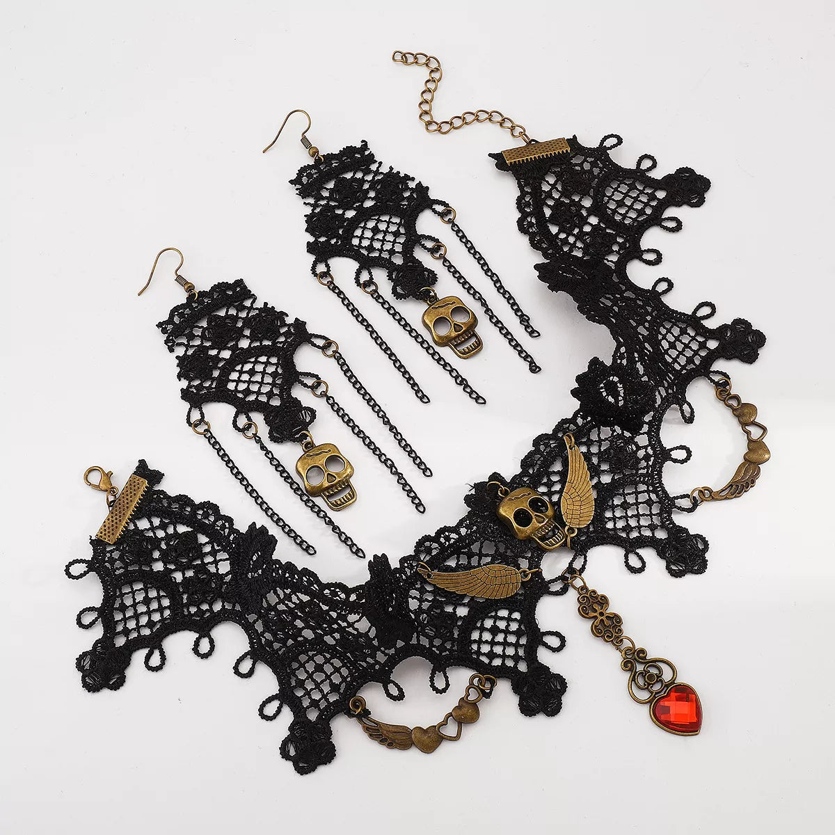 Fashorio Black / One Size Halloween Lace Skull Necklace and Earrings Jewelry Set