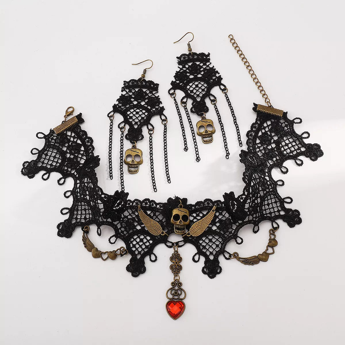 Fashorio Black / One Size Halloween Lace Skull Necklace and Earrings Jewelry Set