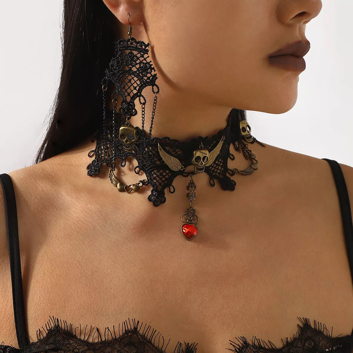 Fashorio Black / One Size Halloween Lace Skull Necklace and Earrings Jewelry Set