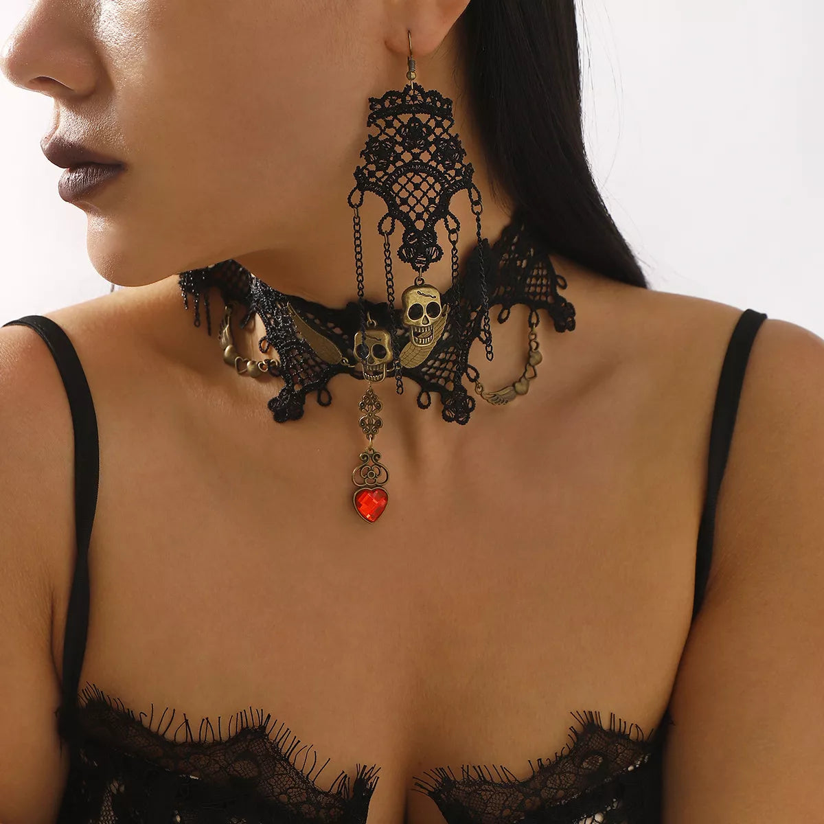 Fashorio Black / One Size Halloween Lace Skull Necklace and Earrings Jewelry Set