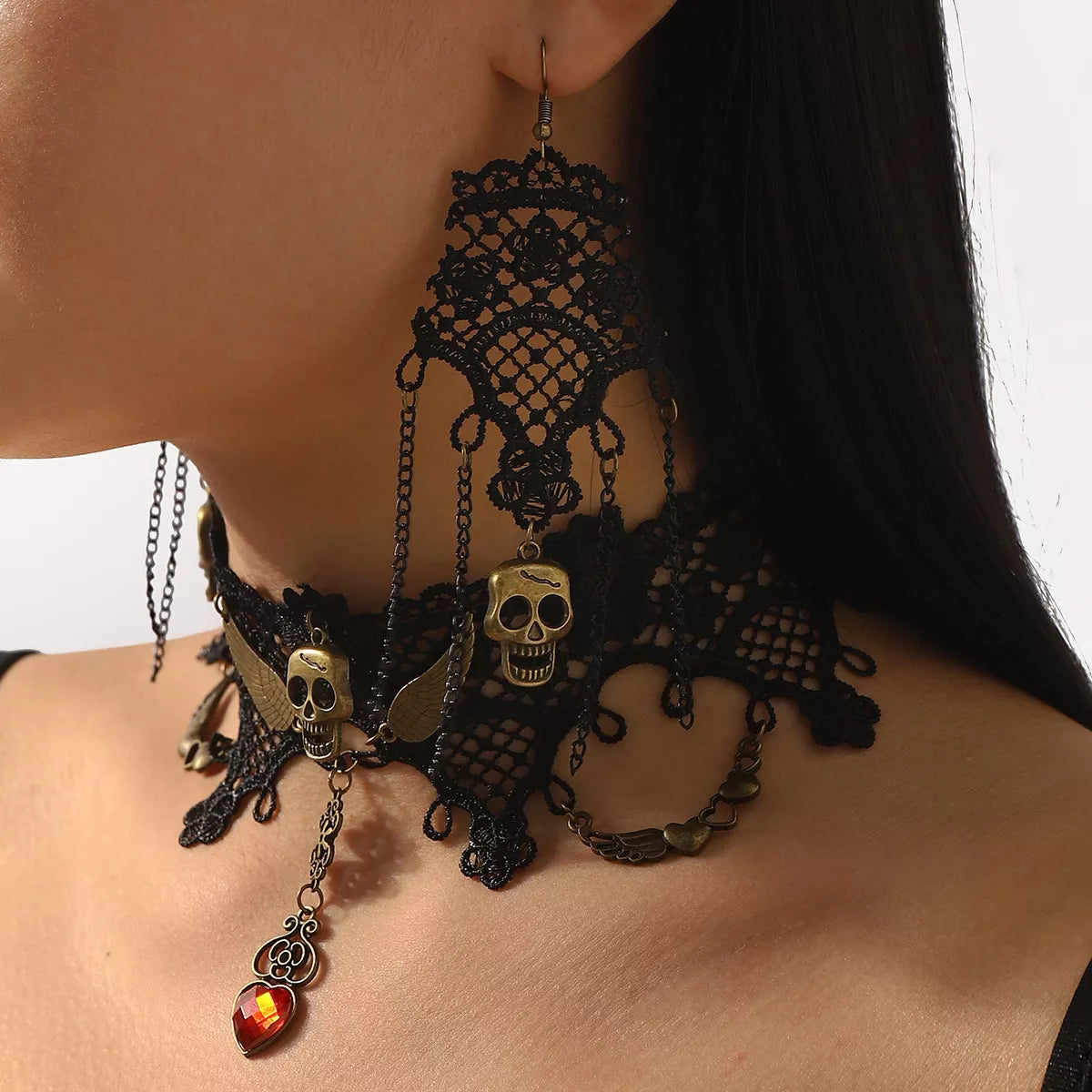 Fashorio Black / One Size Halloween Lace Skull Necklace and Earrings Jewelry Set
