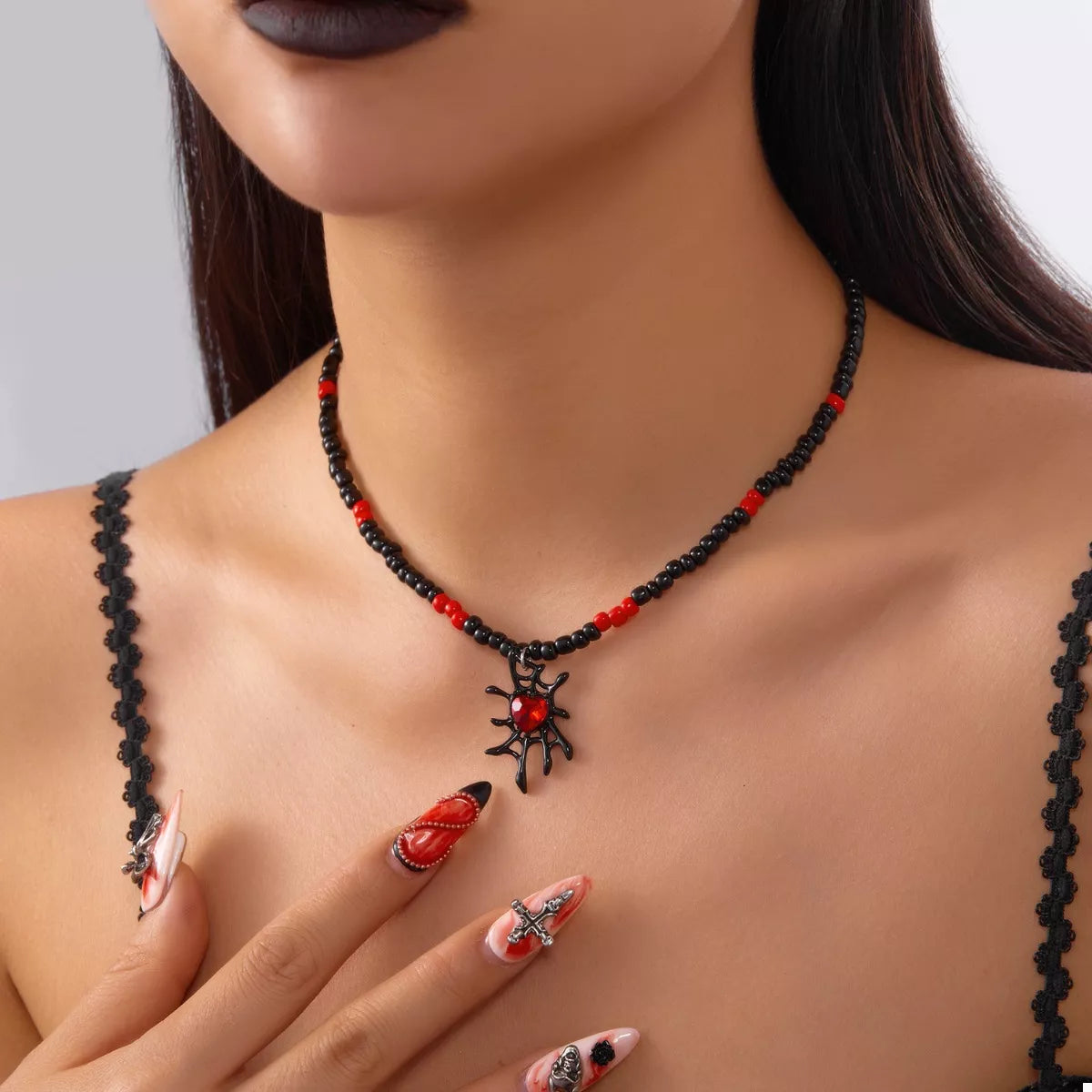 Fashorio Black / One Size Halloween Spider Web Beaded Necklace