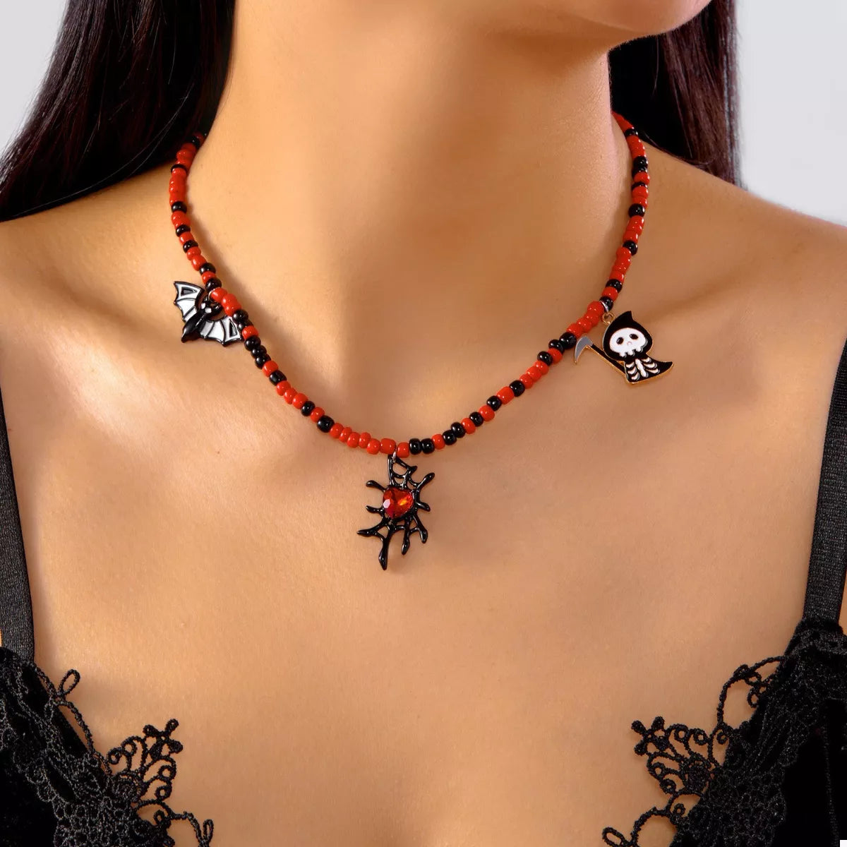 Fashorio Black / One Size Halloween Spider Web Beaded Necklace