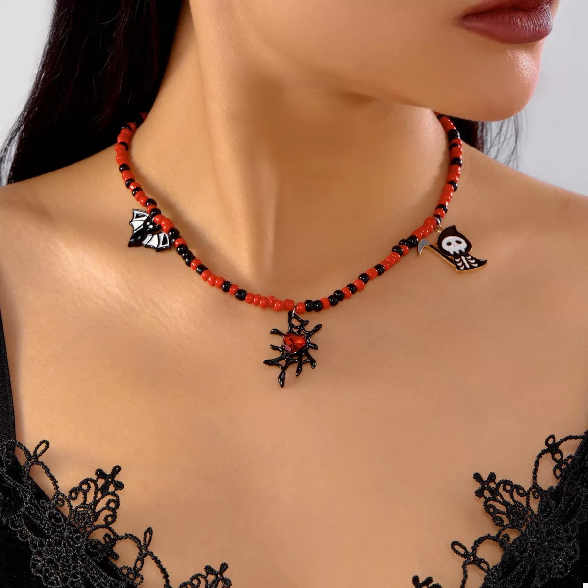 Fashorio Black / One Size Halloween Spider Web Beaded Necklace