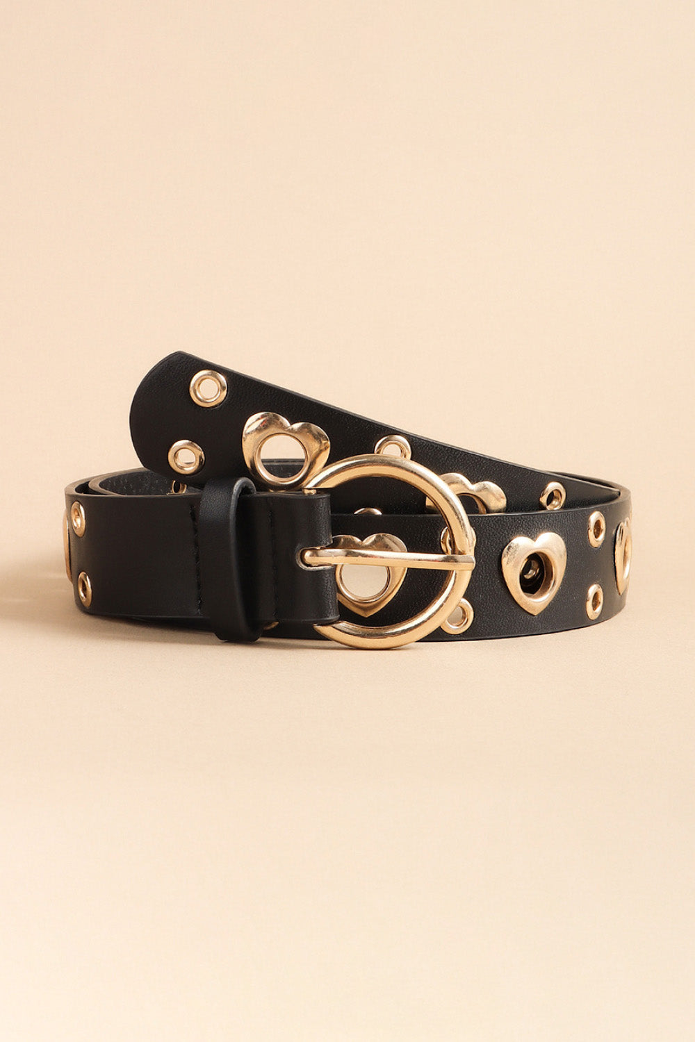 Fashorio Black / One Size Heart Shape Alloy Detail PU Leather Belt