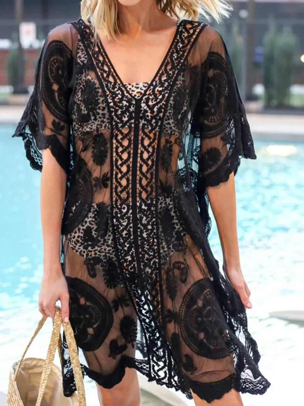 Fashorio Black / One Size Lace V-Neck Half Sleeve Cover-Up