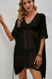 Fashorio Black / One Size Openwork V-Neck Short Sleeve Cover Up