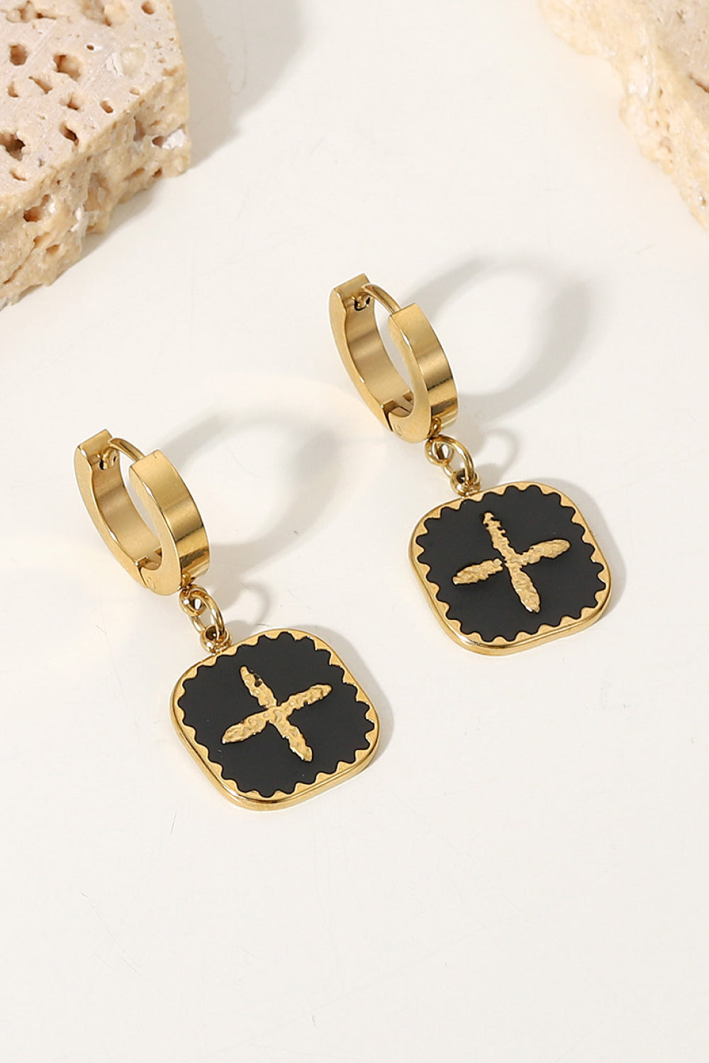 Fashorio Black / One Size Plus Sign Square Shape Drop Earrings