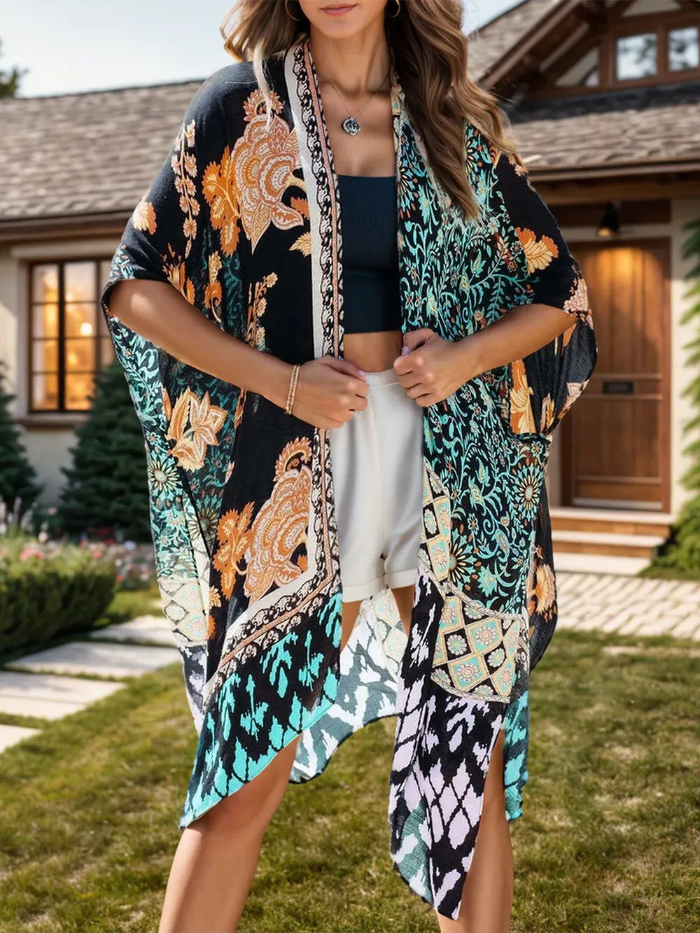 Fashorio Black / One Size Printed Open Front Cover-Up
