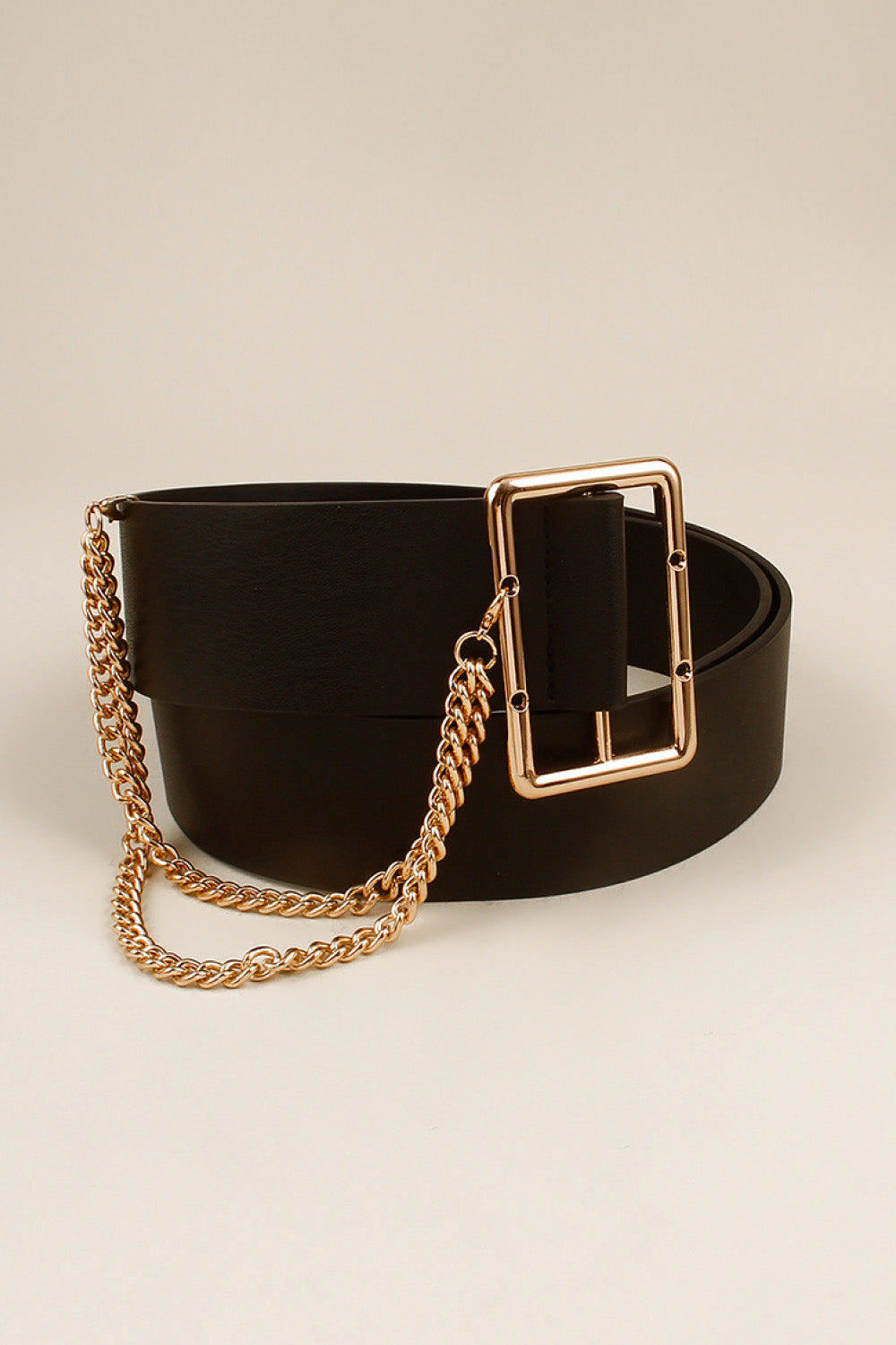 Fashorio Black / One Size PU Leather Wide Belt with Chain