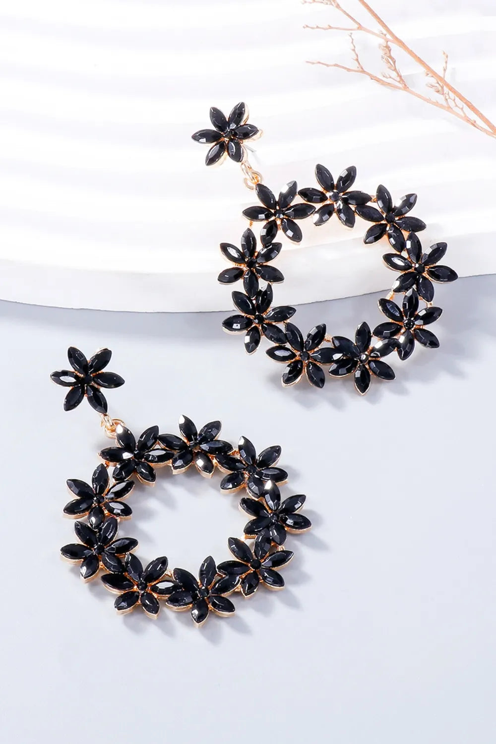 Fashorio Black / One Size Rhinestone Flower Dangle Earrings