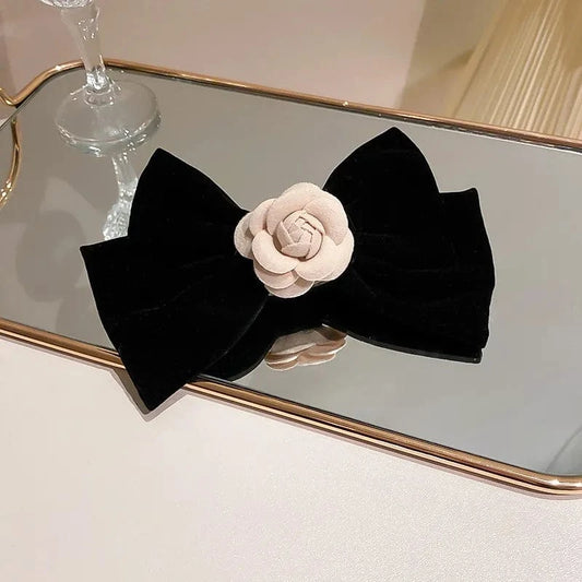 Rose Trim Bow Hair Clip Black One Size - Fashorio