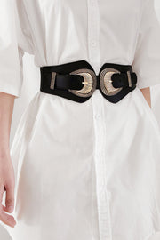 Fashorio Black / One Size Shell Double Buckle Elastic Wide Belt