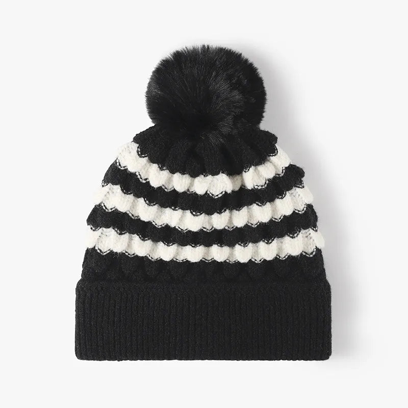 Fashorio Black / One Size Striped Contrast Knit Hat with Pom-pom