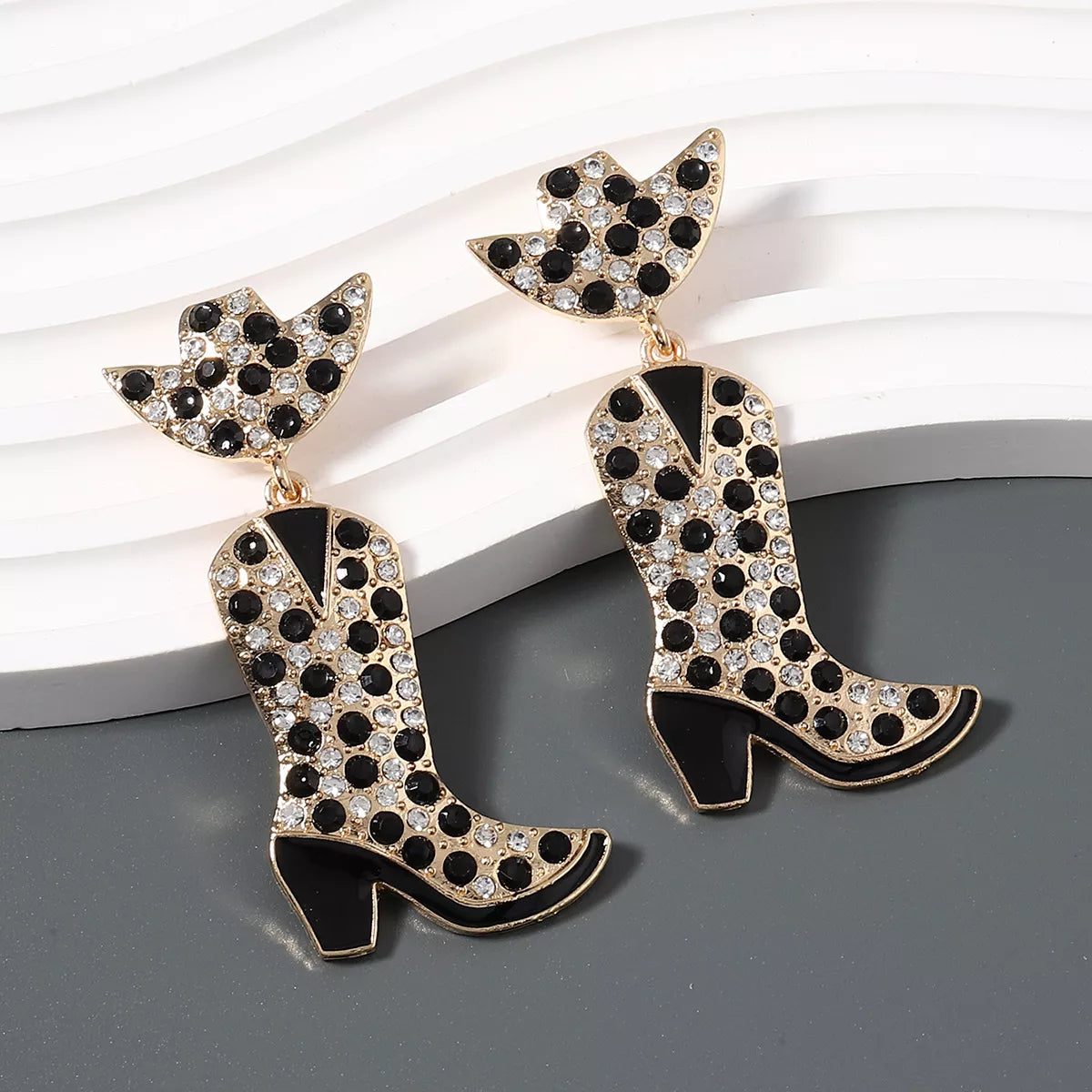 Fashorio Black / onesize Rhinestone Cowboy Boot Dangle Earrings
