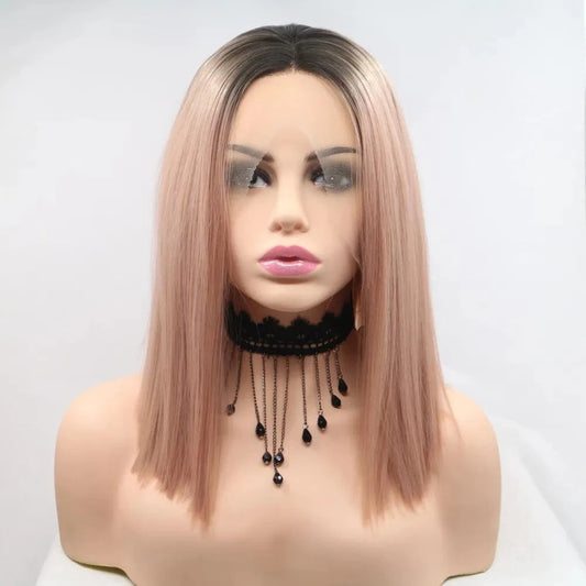 13*3" Lace Front Wigs Synthetic Mid-length Straight 12" 130% Density Black Pink One Size - Fashorio