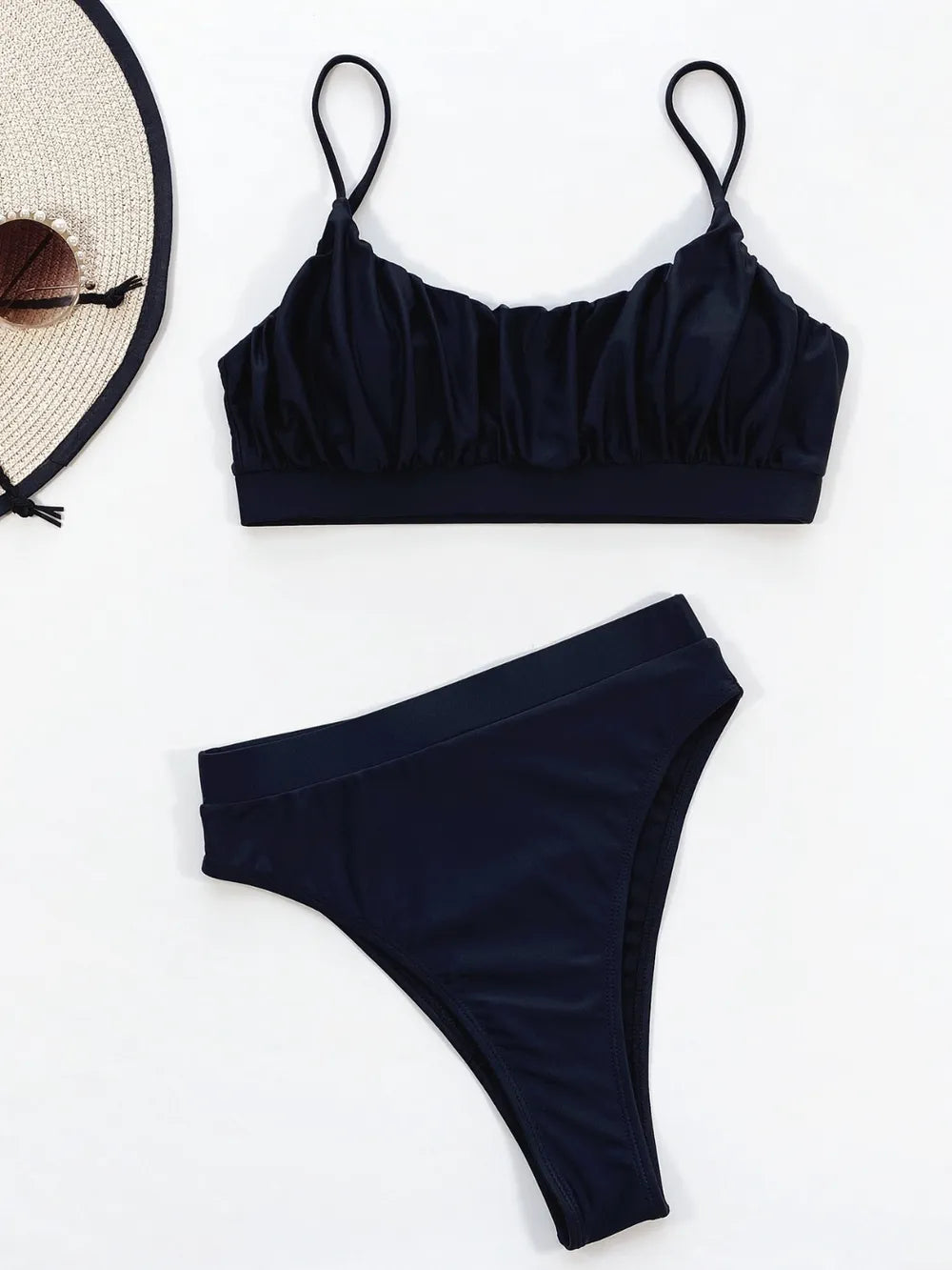 Fashorio Black / S Adjustable Strap Ruched Two-Piece Swim Set