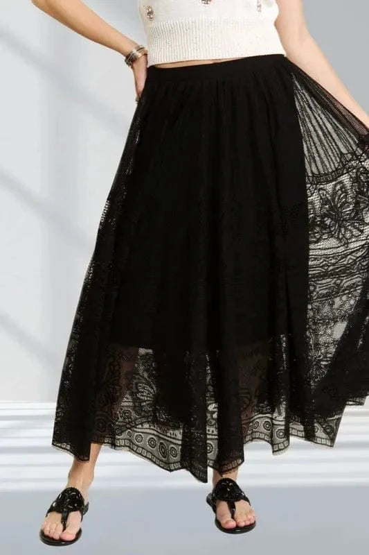 ADORA Elastic Waist Raw Hem Lace Maxi Skirt BLACK - Fashorio