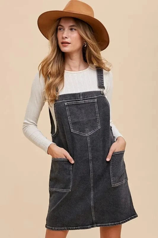 Annie Wear Wide Strap Denim Overall Dress with Pockets Black - Fashorio