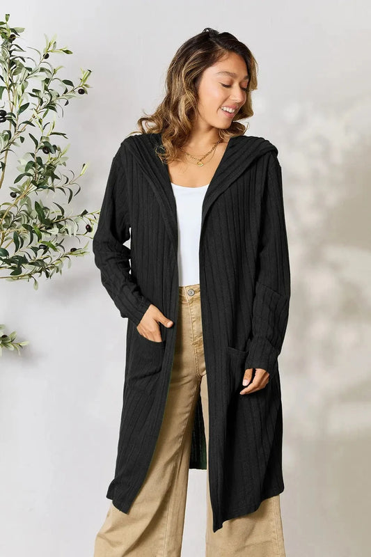 Basic Bae Full Size Hooded Sweater Cardigan Black - Fashorio