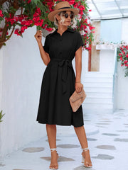 Fashorio Black / S Buttoned Tie Waist Short Sleeve Dress