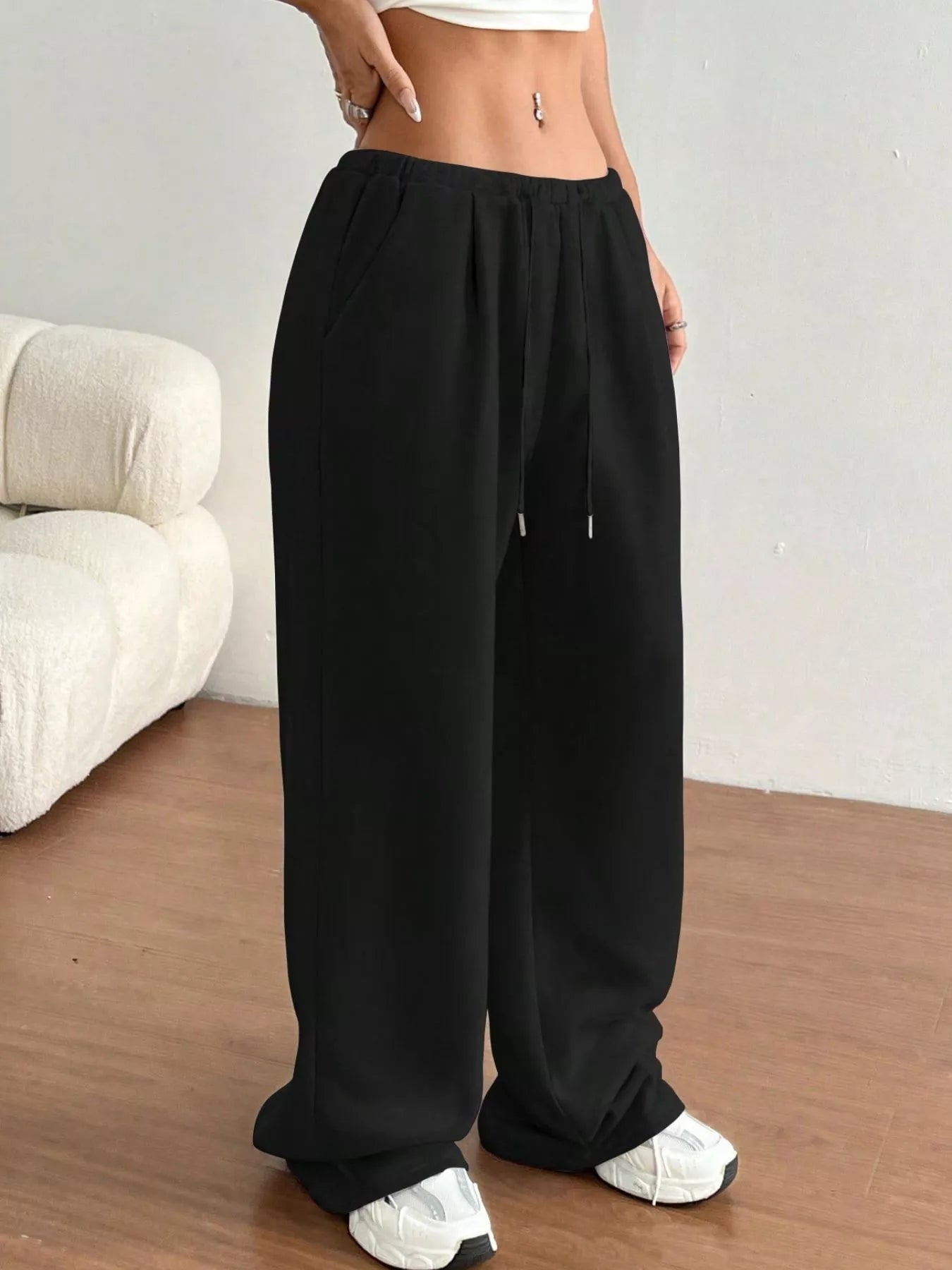 Fashorio Black / S Casual Drawstring High Waist Wide Leg Sweatpants