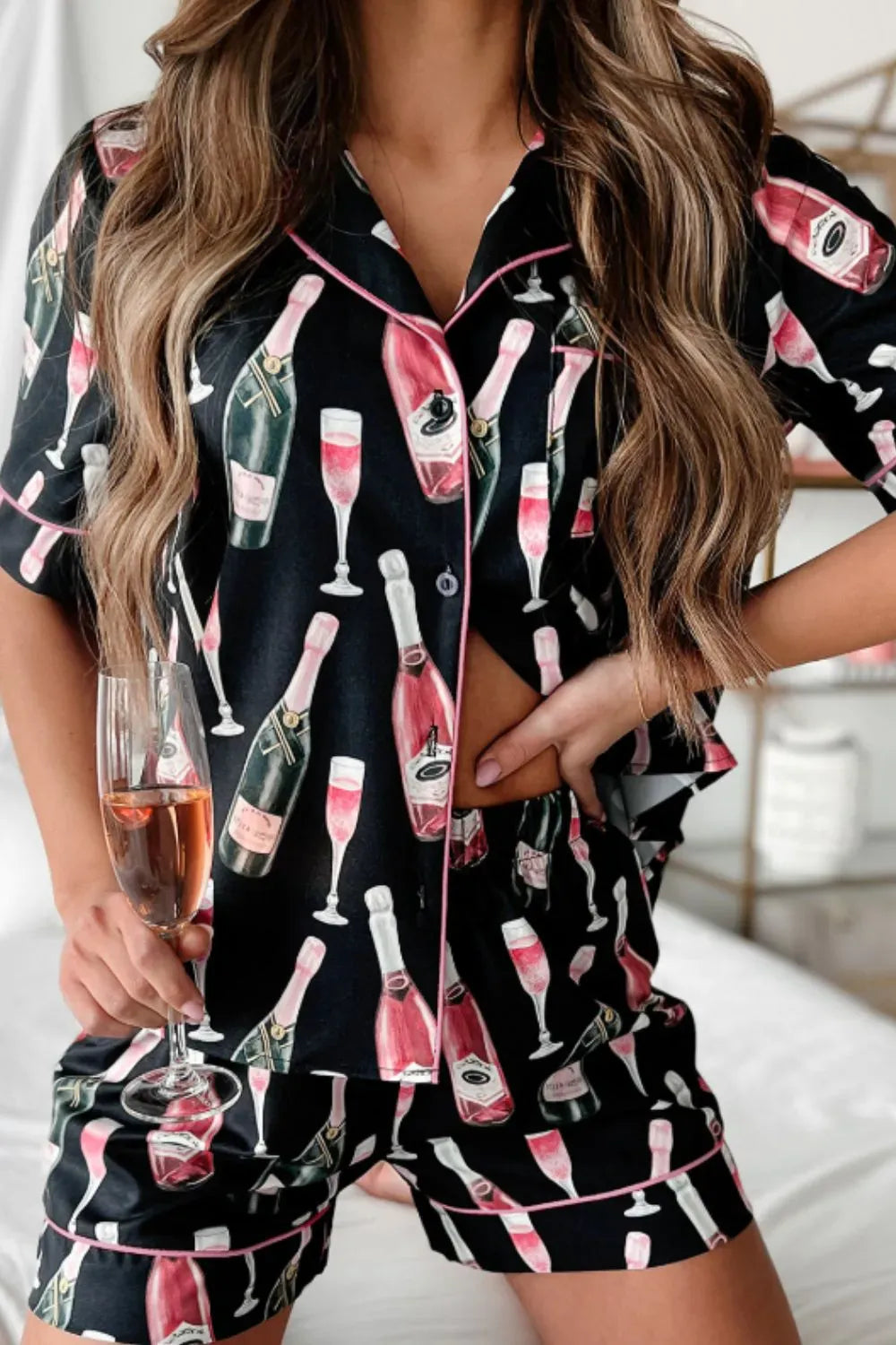 Fashorio Black / S Champagne Print Short Sleeve Top and Shorts Set