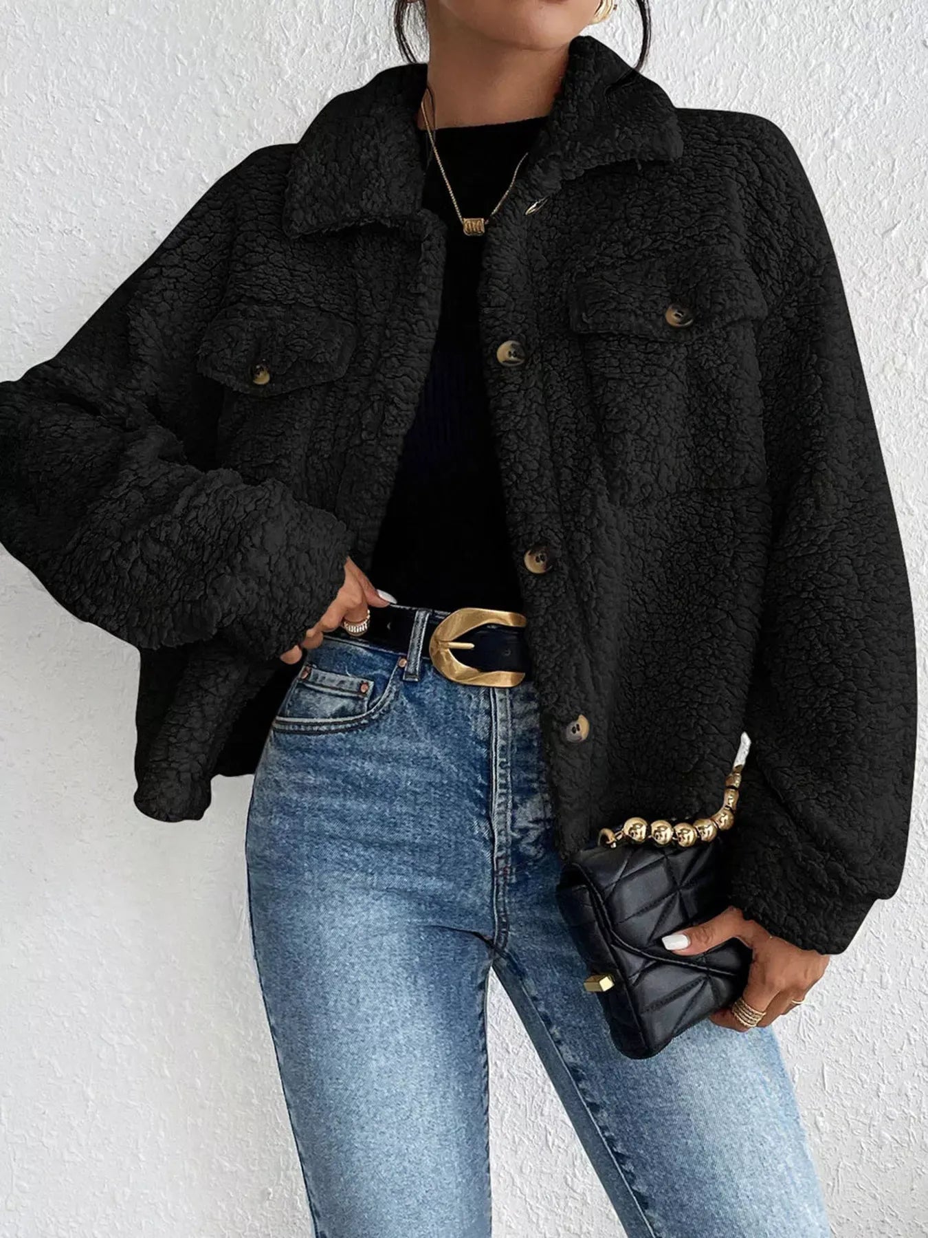 Fashorio Black / S Cozy Sherpa Button-Down Jacket
