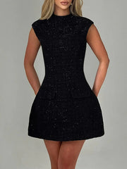 Fashorio Black / S Cutout Back Round Neck Cap Sleeve Mini Dress
