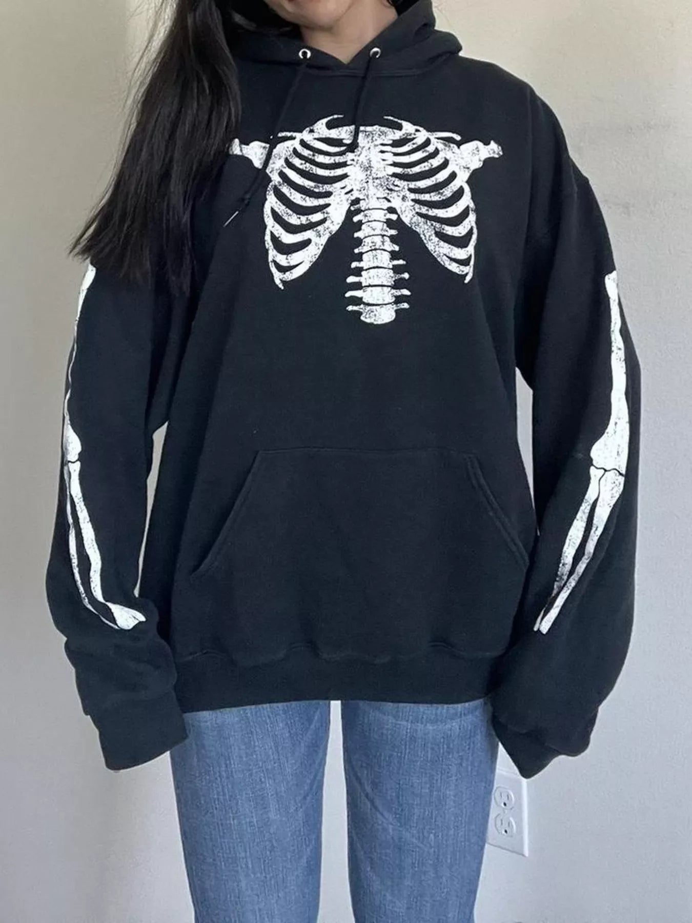 Fashorio Black / S Drawstring Skeleton Long Sleeve Hoodie