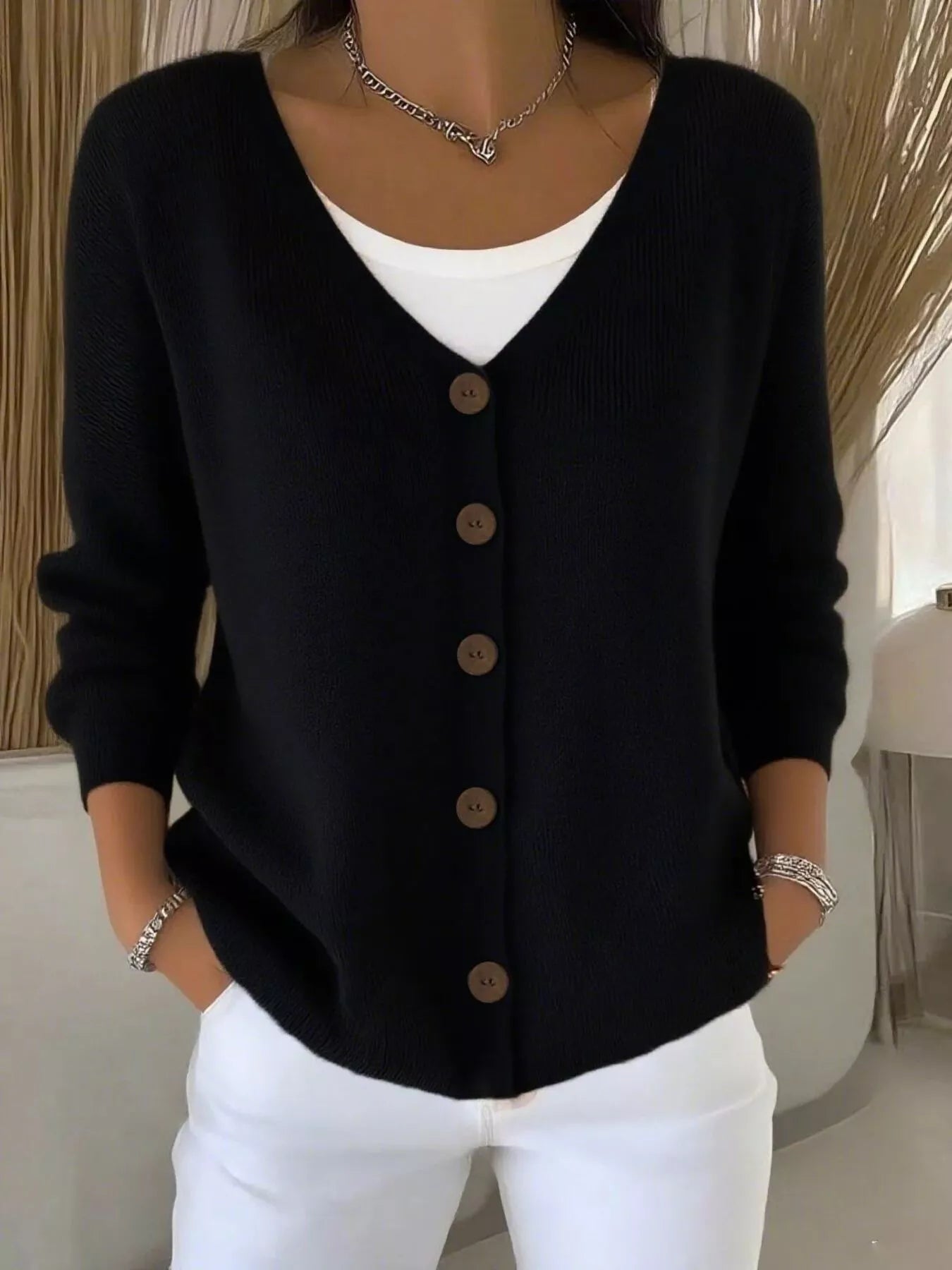Fashorio Black / S Full Size Button-Front V-Neck Cardigan Plus Size