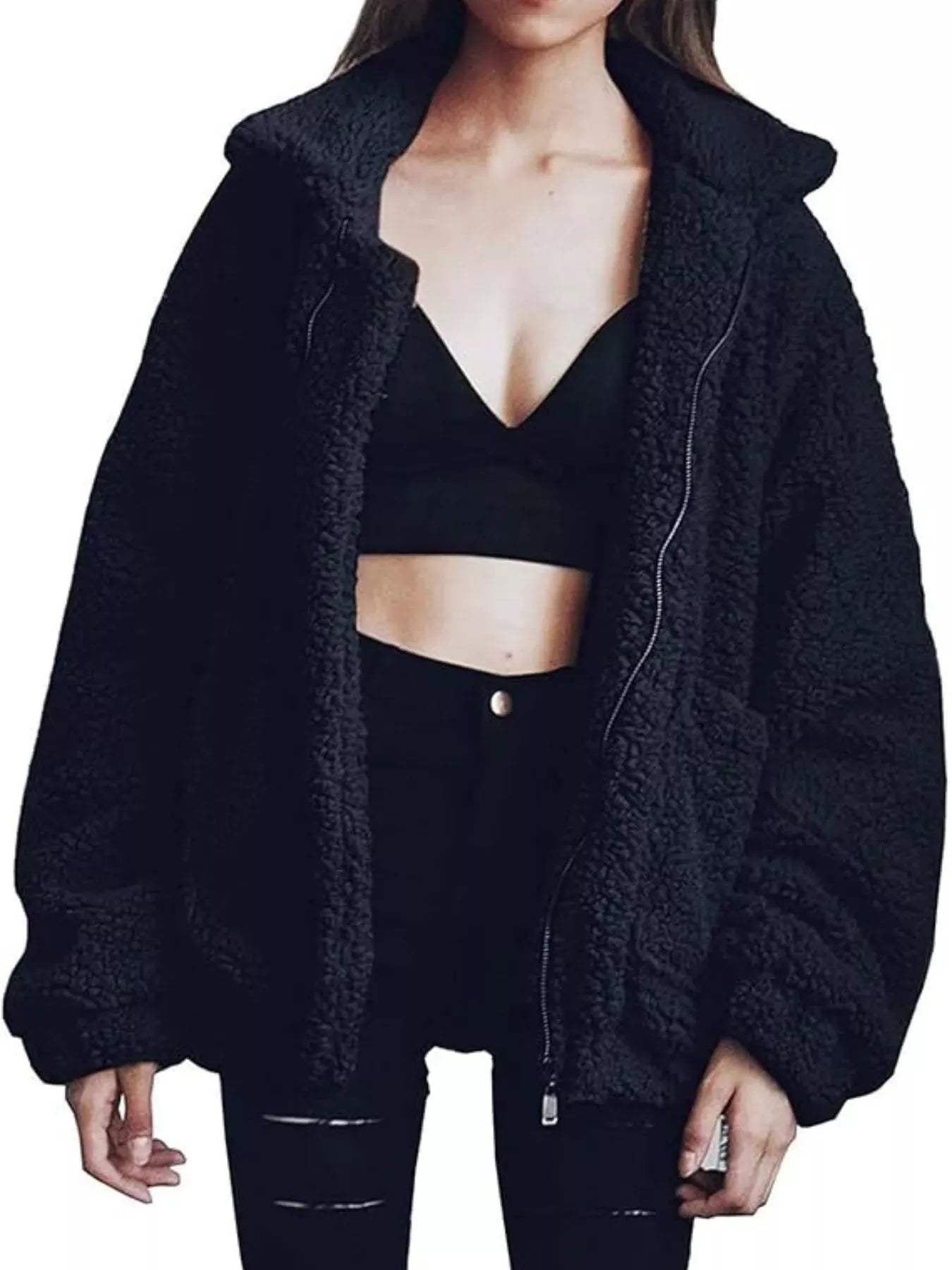 Fashorio Black / S Full Size Cozy Fleece Zip Up Jacket Plus Size