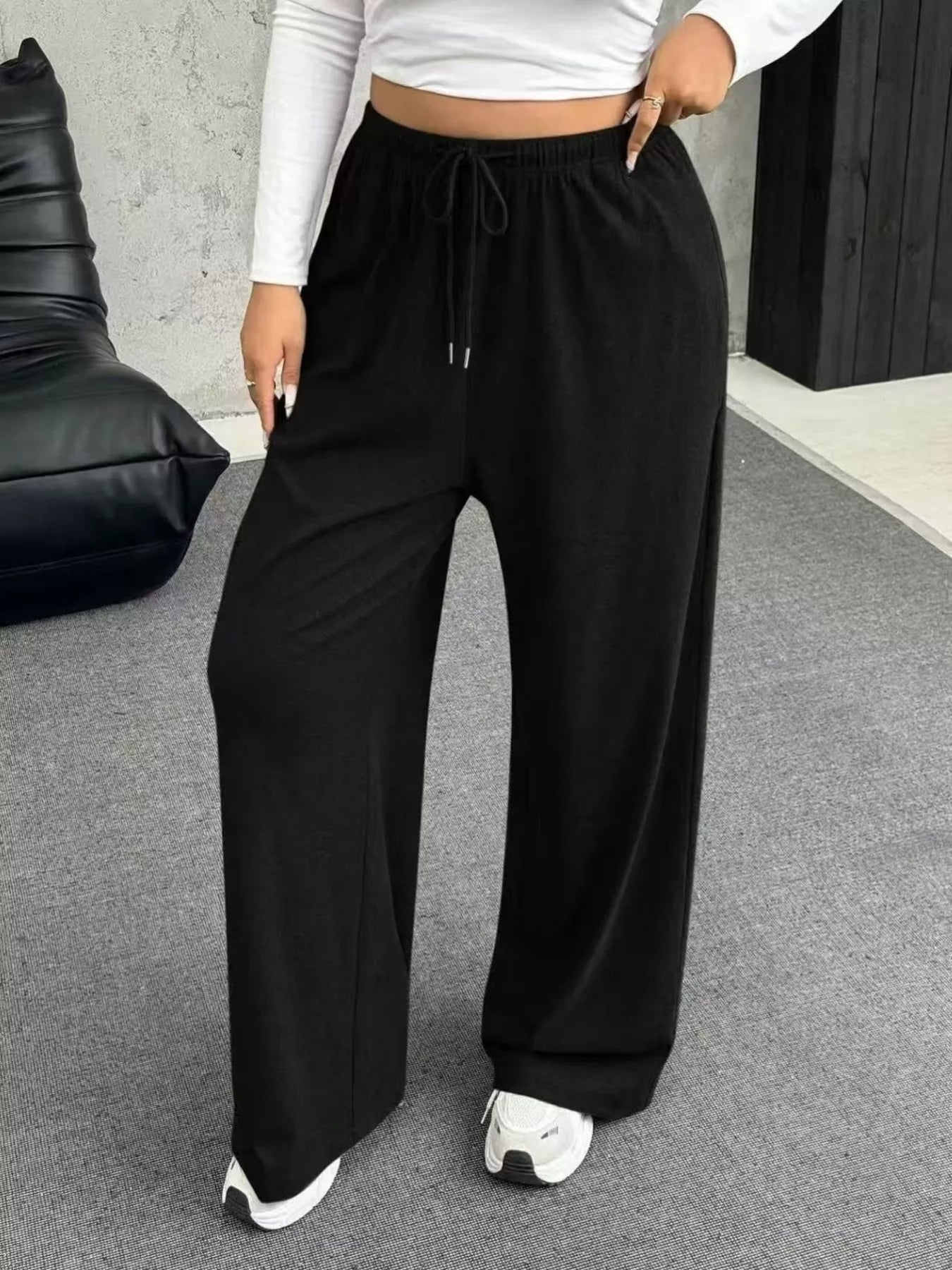 Fashorio Black / S Full Size Drawstring Wide Leg Pants Plus Size