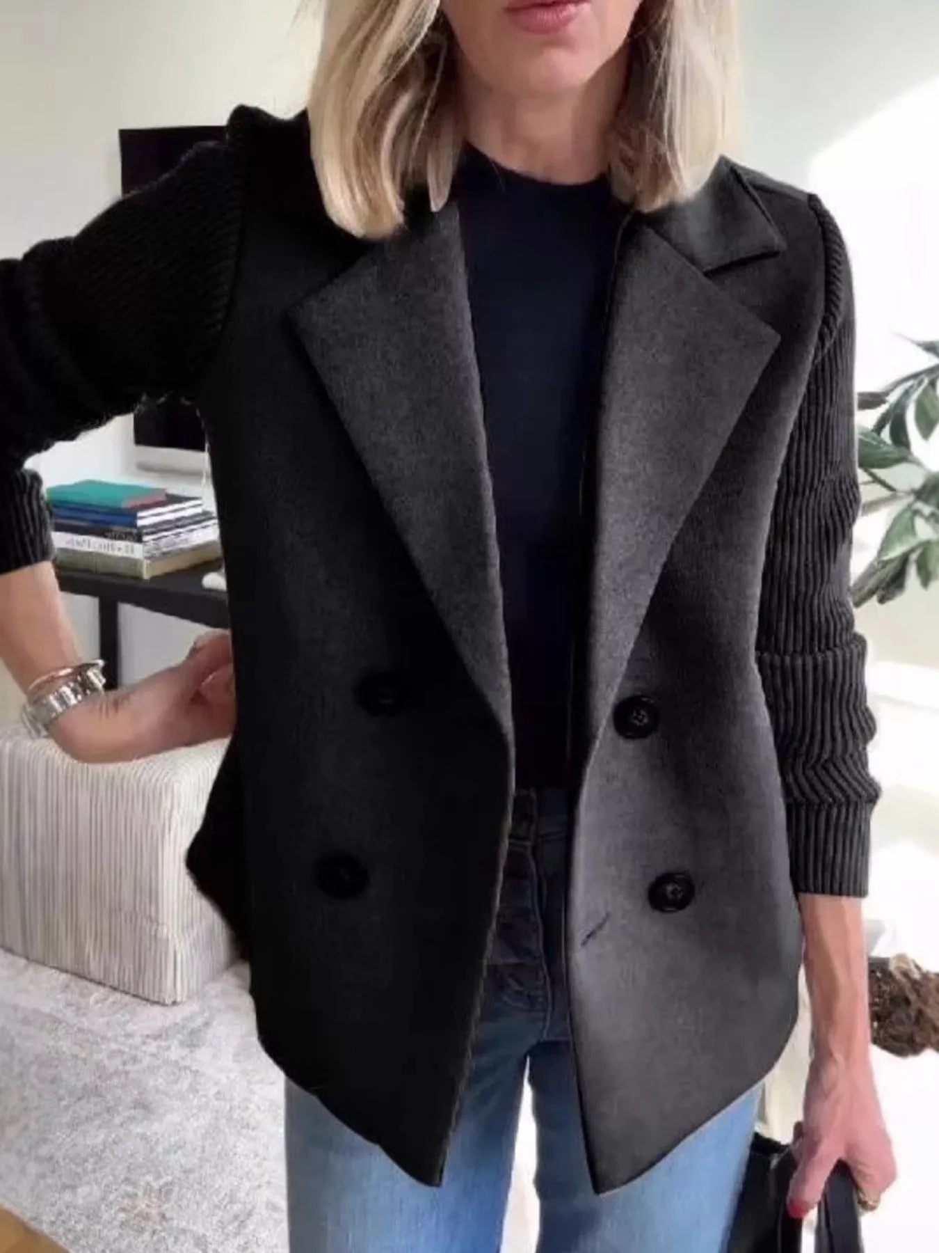 Fashorio Black / S Full Size Knit Sleeve Double-Breasted Outerwear Plus Size