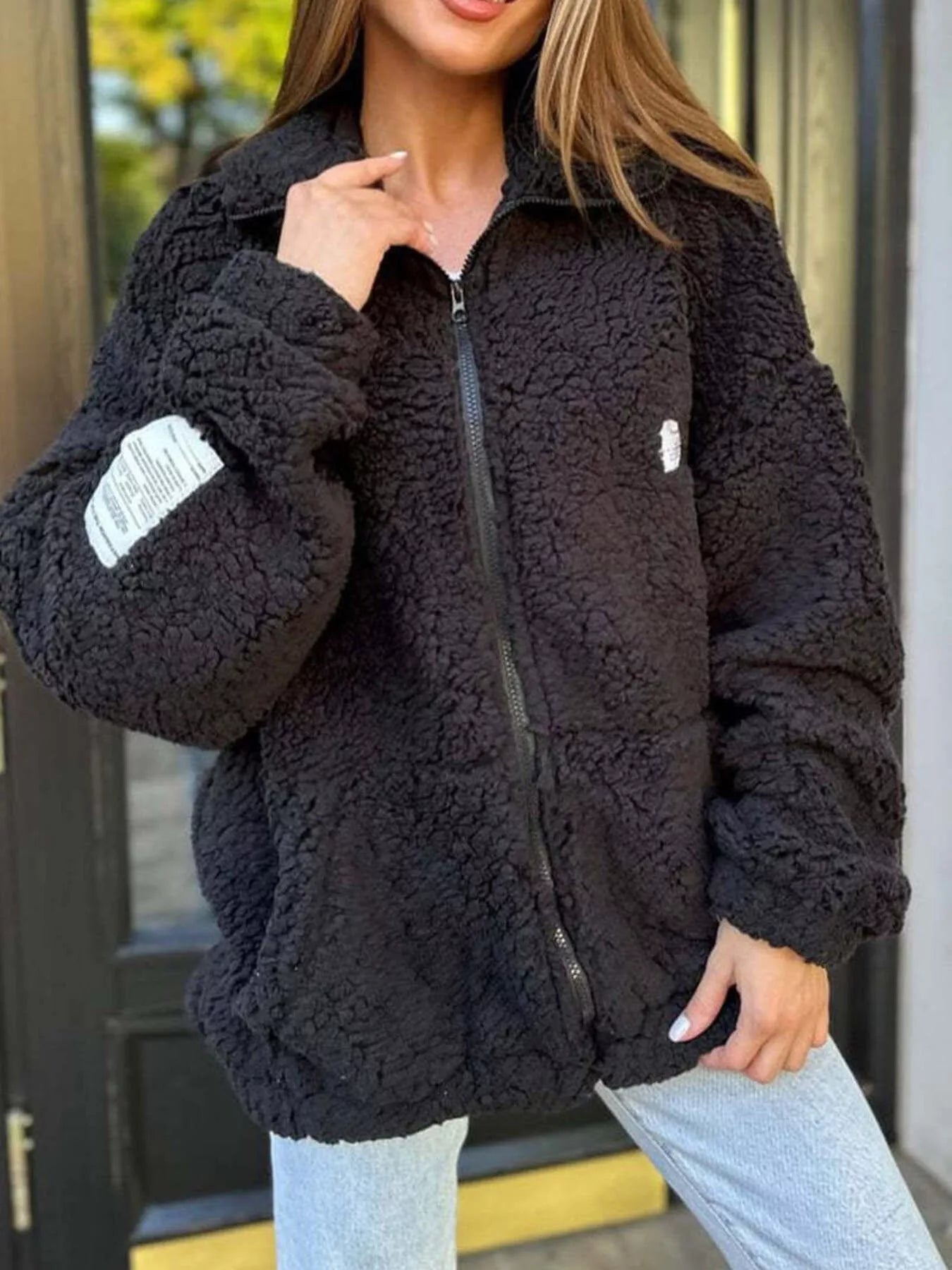 Fashorio Black / S Full Size Sherpa Fleece Zip-Up Jacket Plus Size