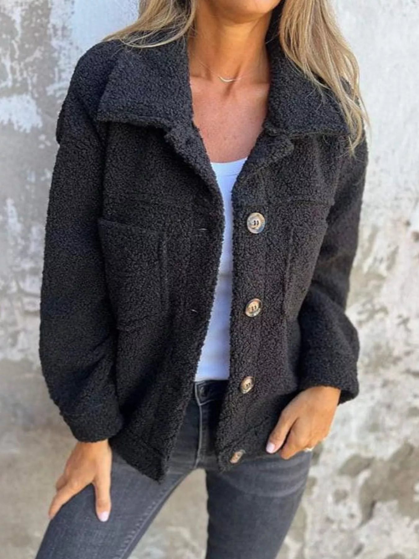 Fashorio Black / S Full Size Single-Breasted Sherpa Shacket Plus Size