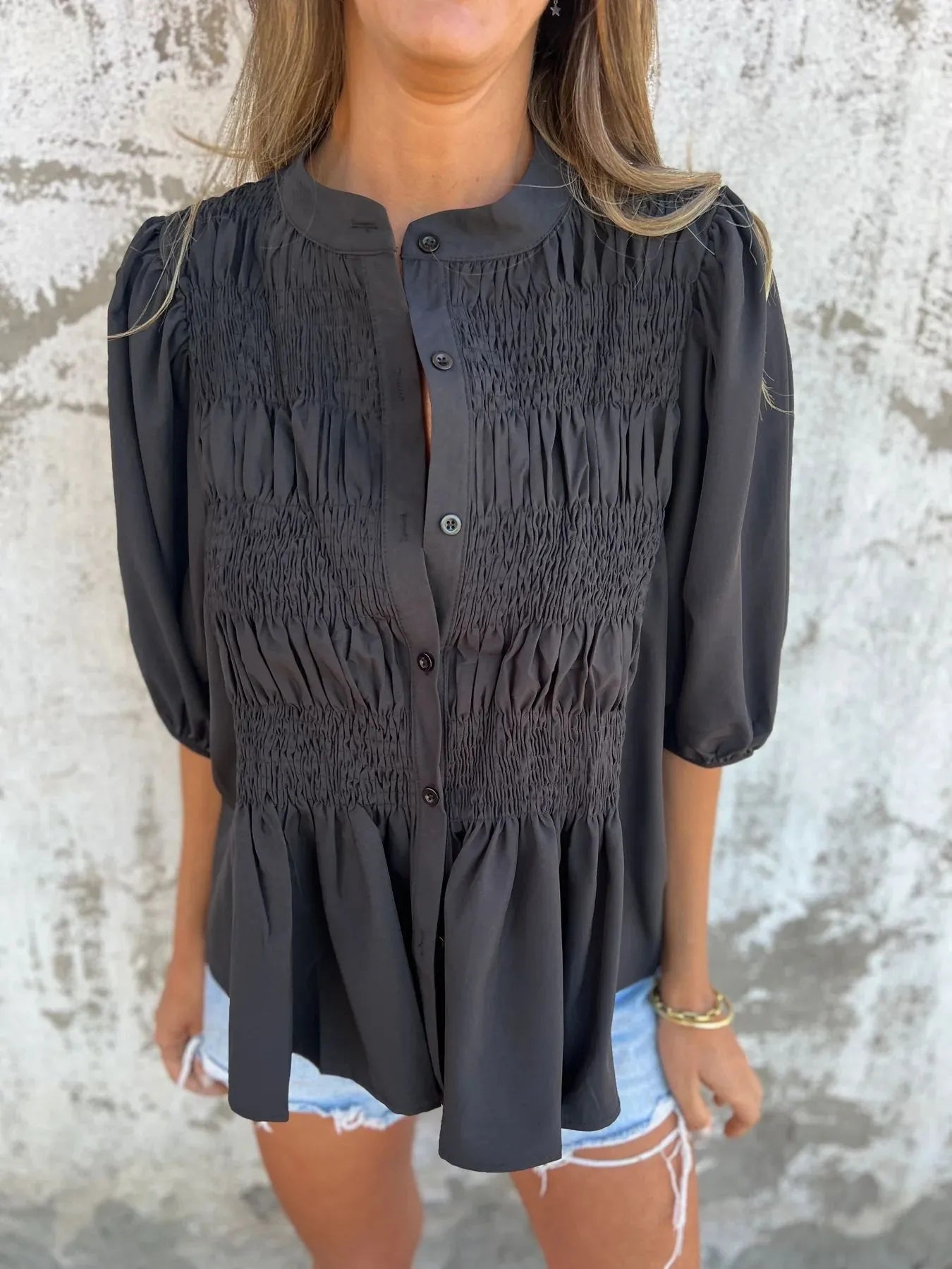 Fashorio Black / S Full Size Smocked Puff Sleeve Blouse Plus Size