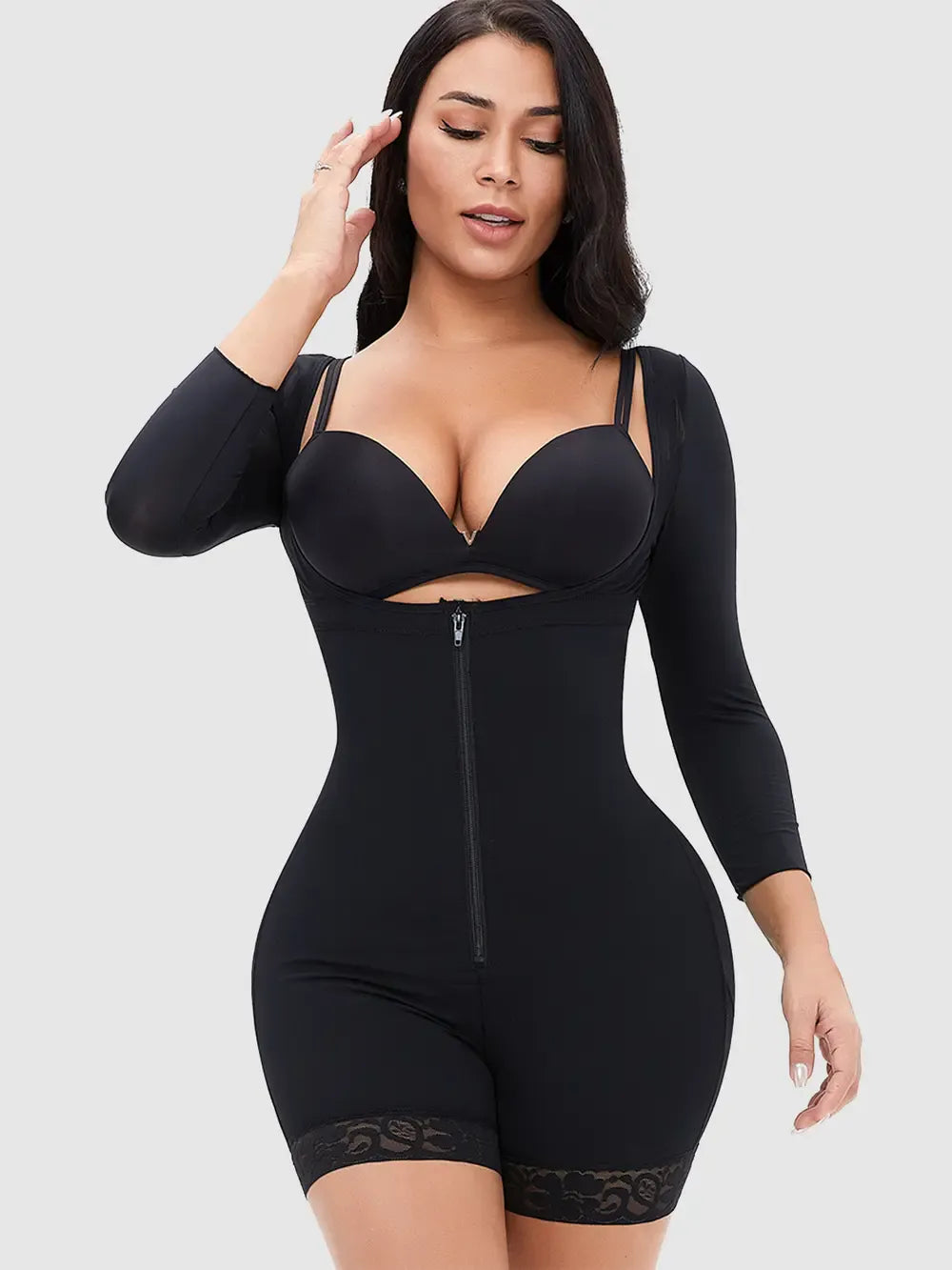 Fashorio Black / S Full Size Zip Up Lace Detail Long Sleeve Shapewear