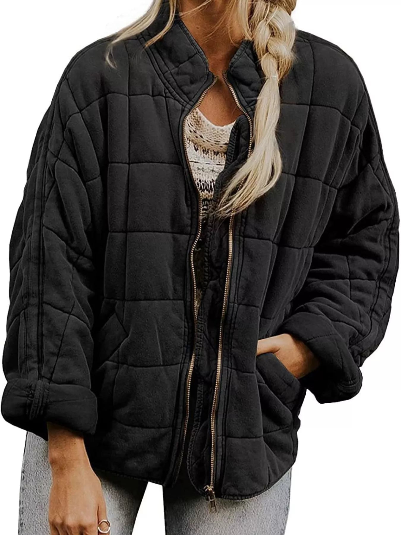 Fashorio Black / S Full Size Zip Up Quilted Bomber Jacket Plus Size