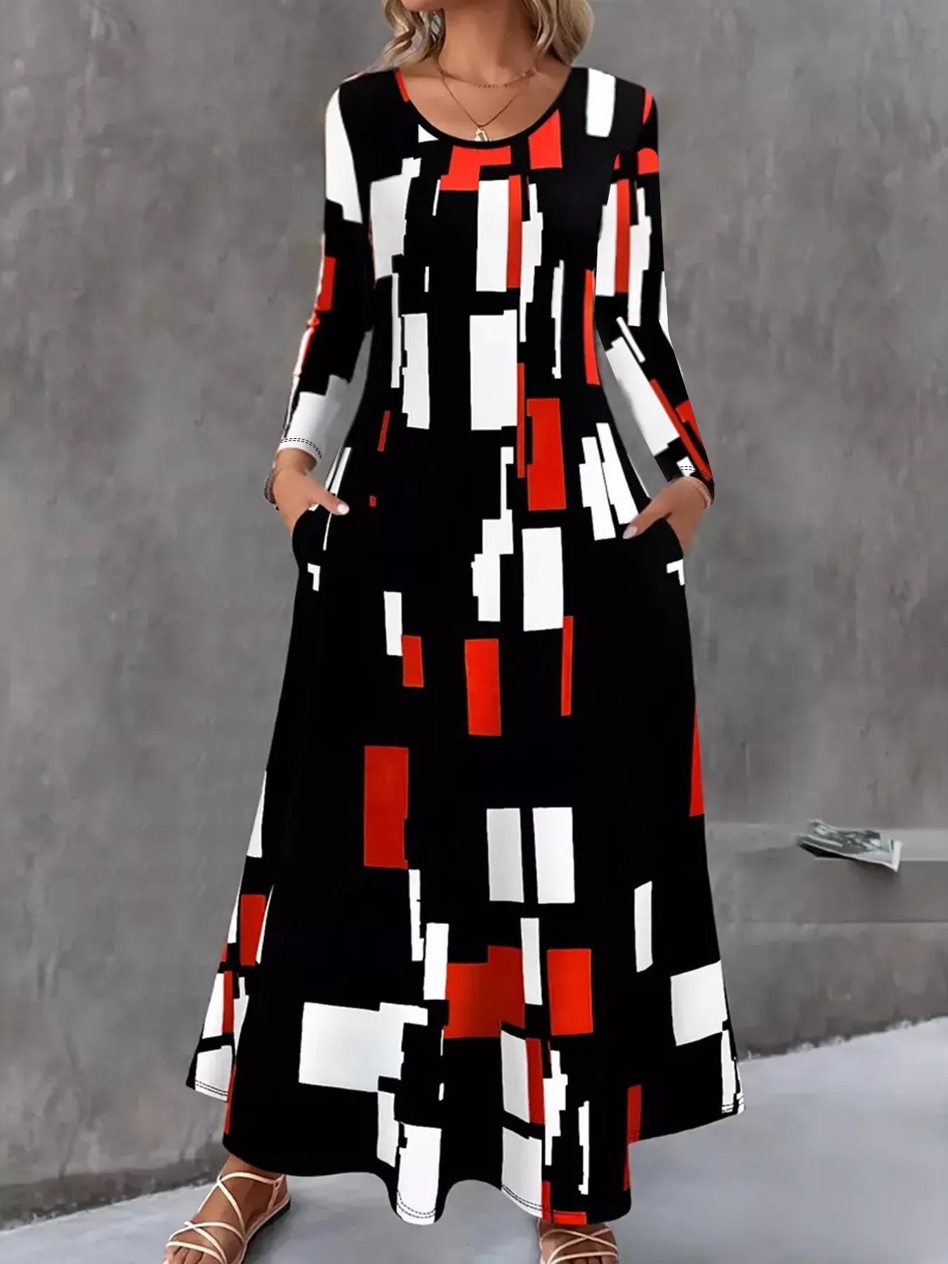 Fashorio Black / S Geometric Print Long Sleeve Maxi Dress
