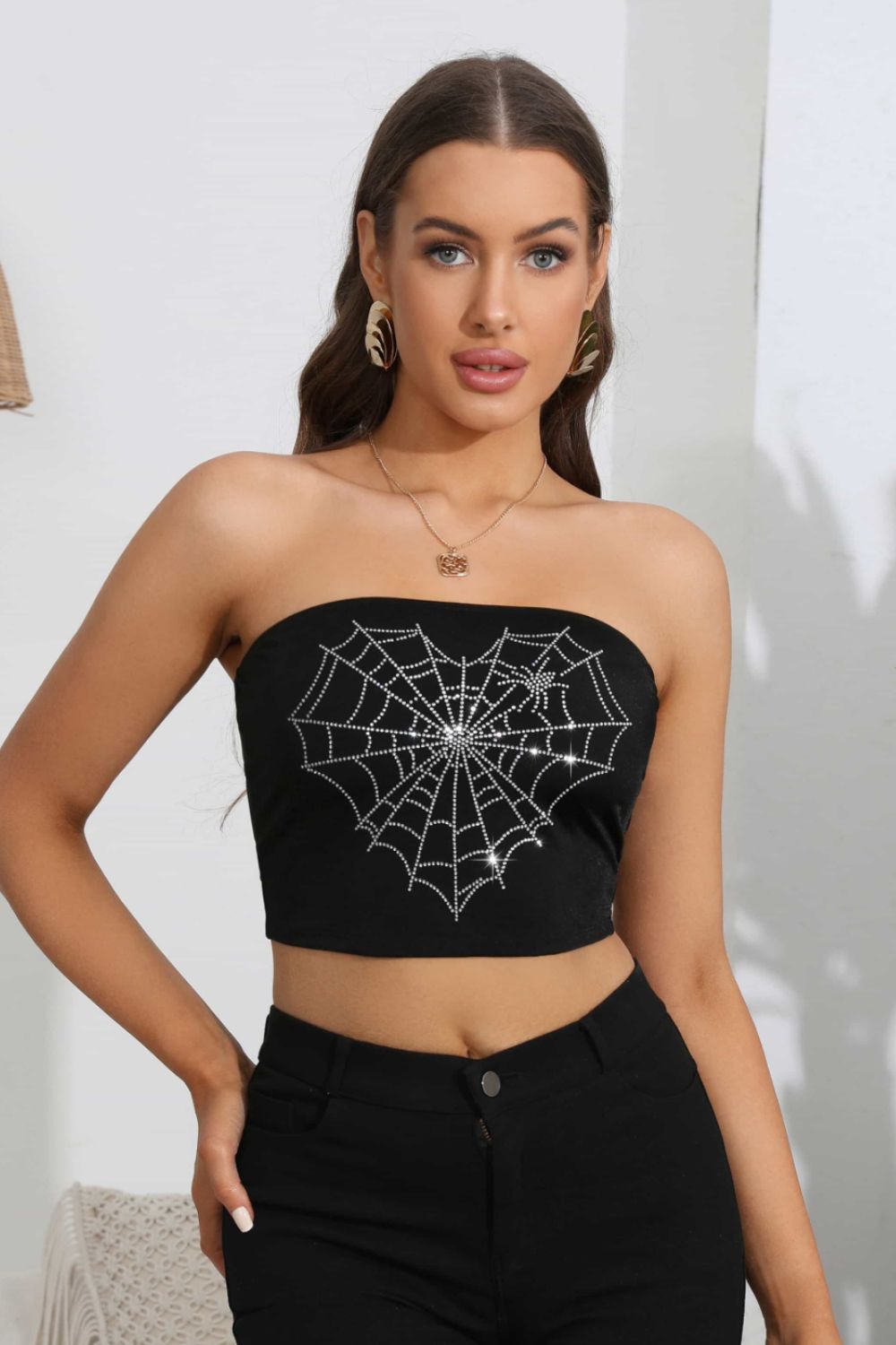 Fashorio Black / S Heart Spider Web Graphic Tube Top
