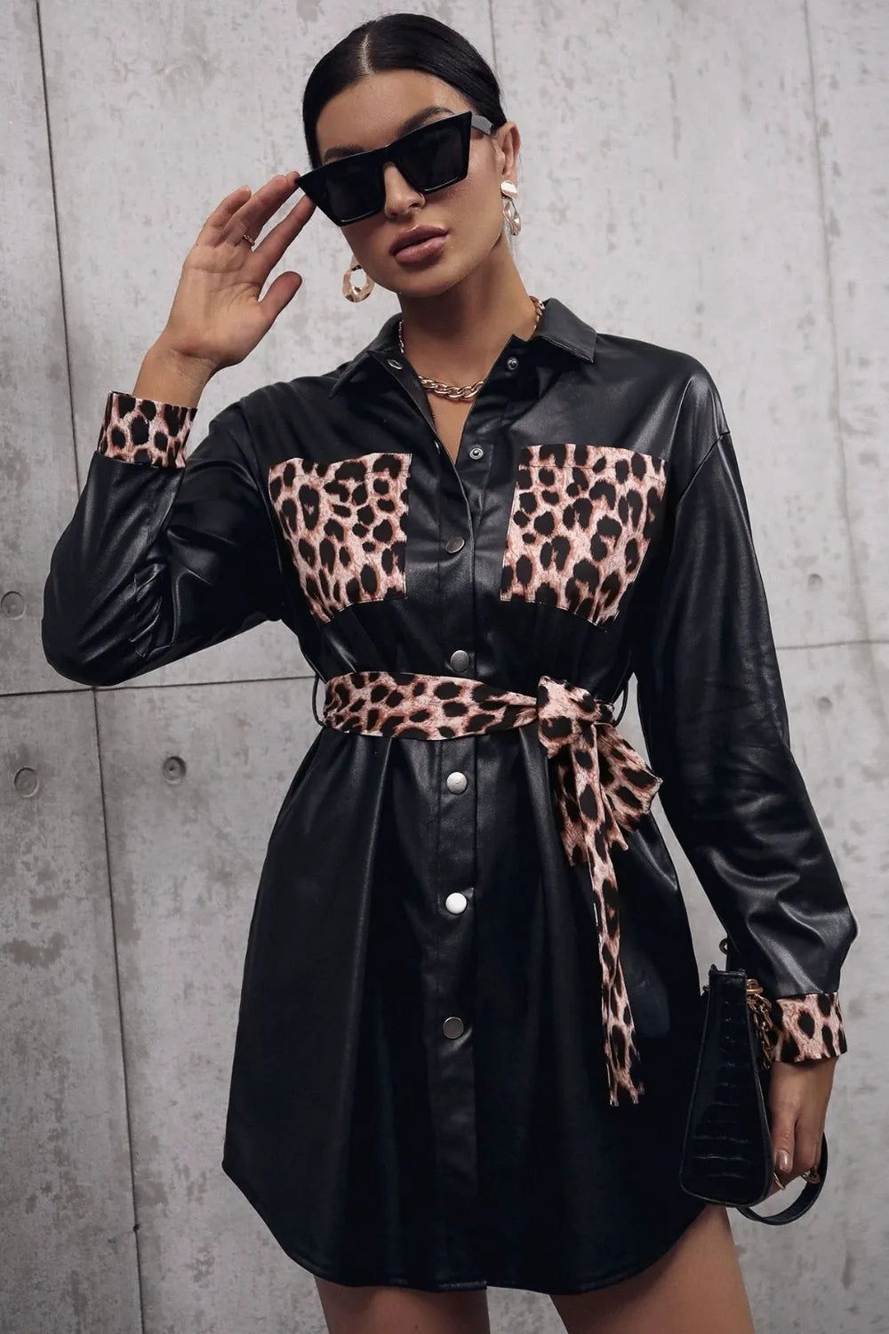 Fashorio Black / S Ivy Lane Tied Leopard Snap Down Trench Coat