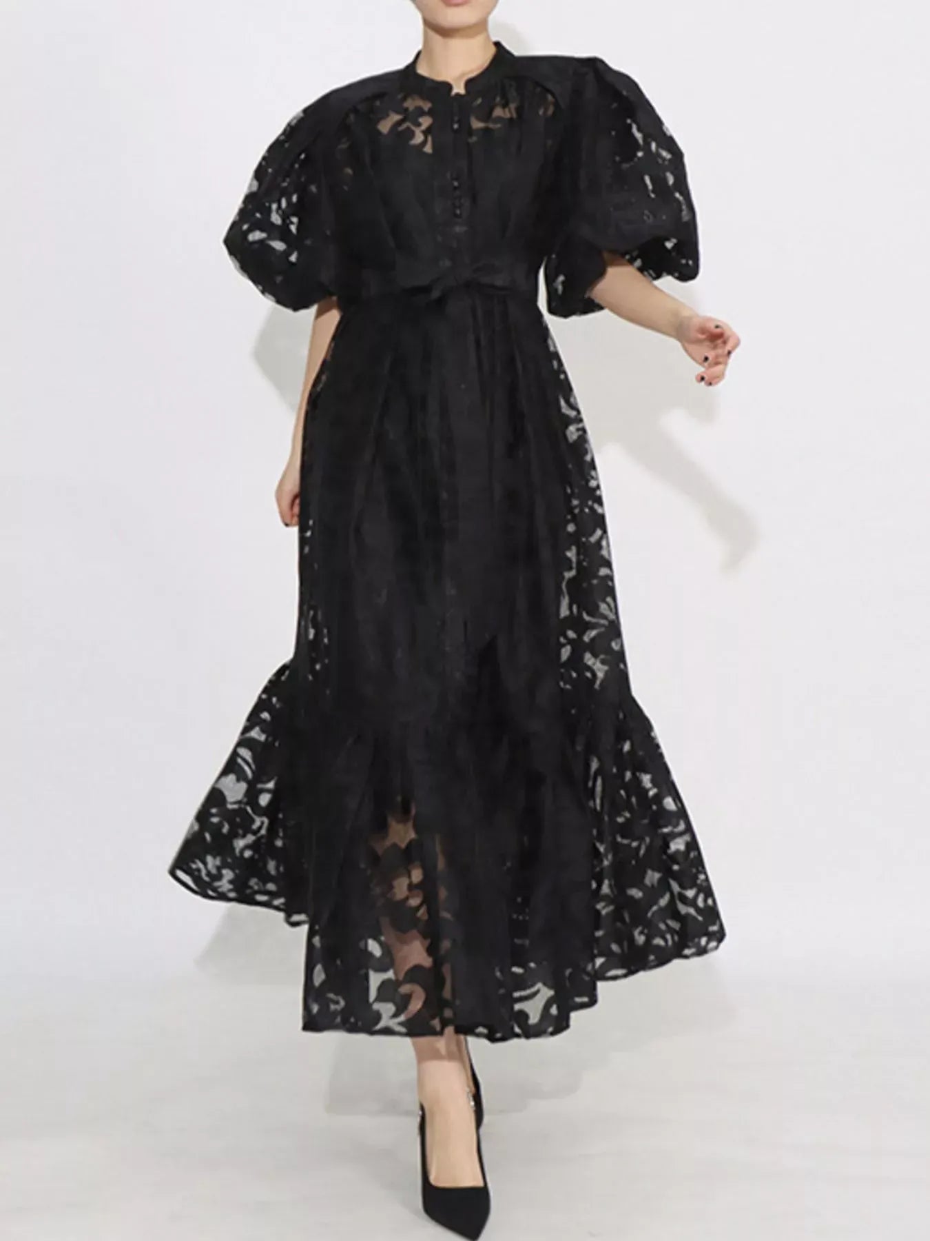 Fashorio Black / S Lace Puff Sleeve Tie Waist Maxi Dress