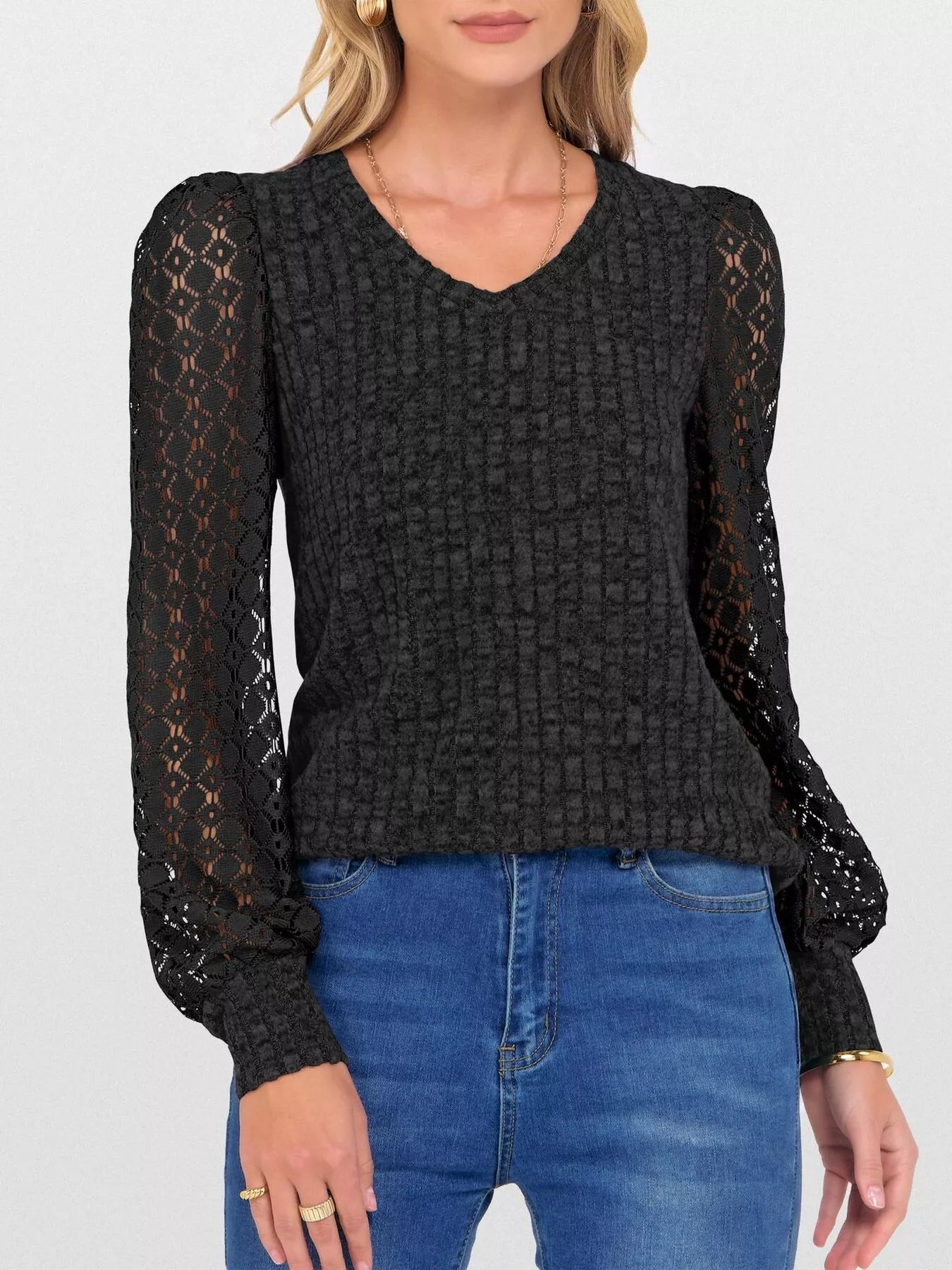 Fashorio Black / S Lace Sleeve V-Neck T-Shirt