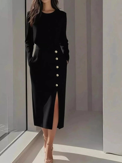 Long Sleeve Button Detail Midi Dress with Side Slit Black - Fashorio